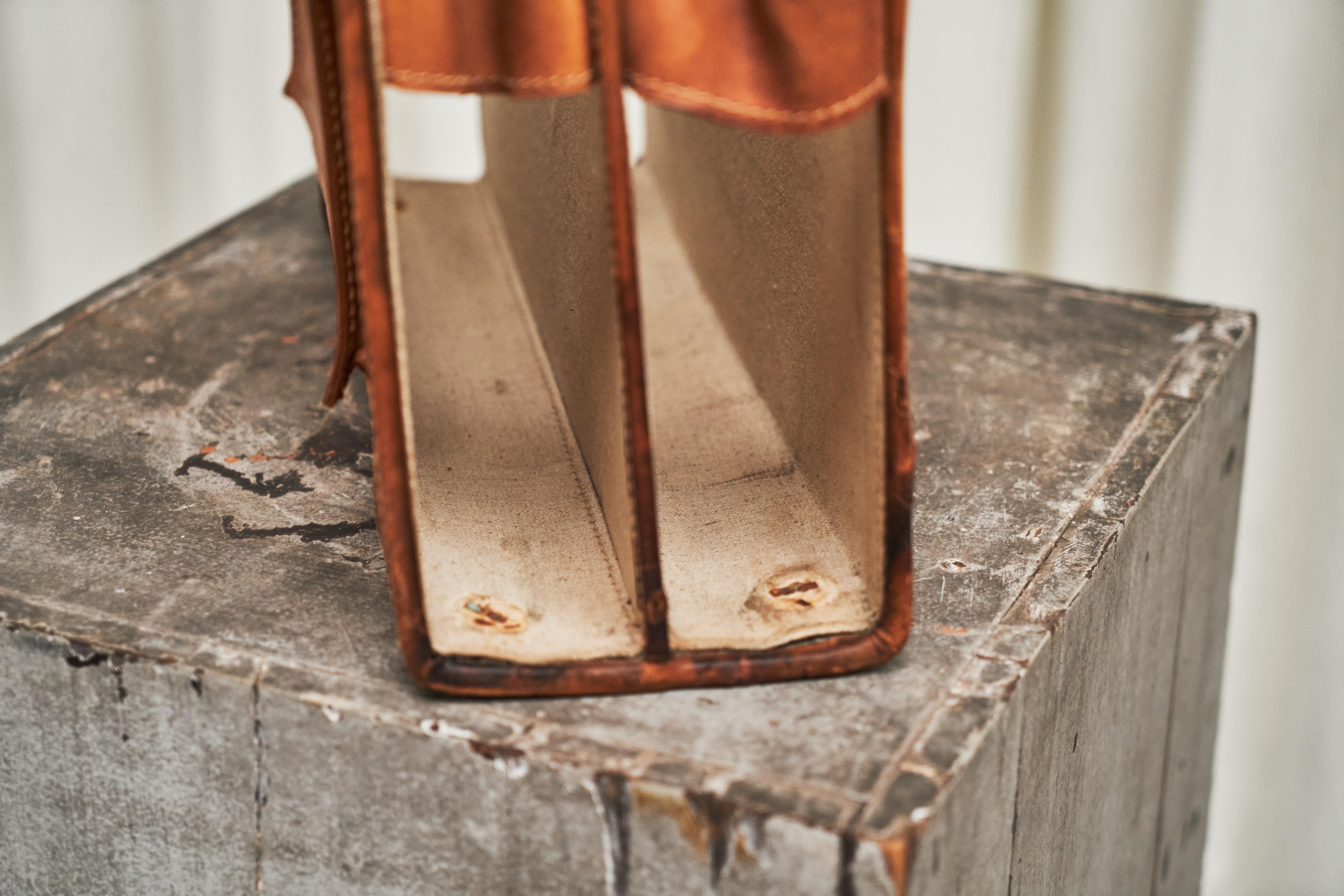 Trompe-l'oeil 'Briefcase' Magazine Stand in Patinated Cognac Leather and Canvas For Sale 2