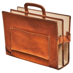 Trompe-l'oeil 'Briefcase' Magazine Stand in Patinated Cognac Leather and Canvas