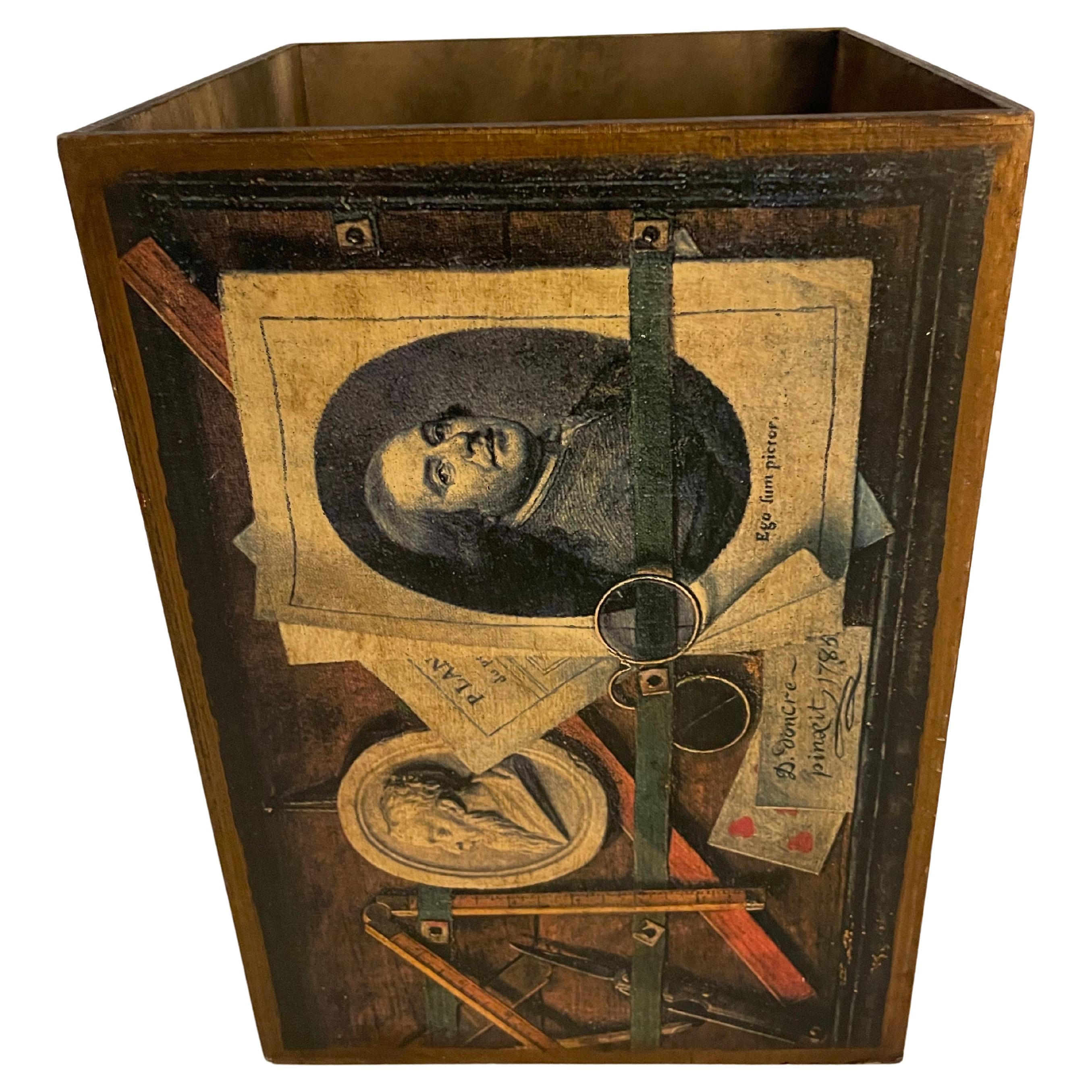 Trompe L
Oeil Decoupage Waste Pail, Neoclassical Wood, Italy, 20th C. en venta