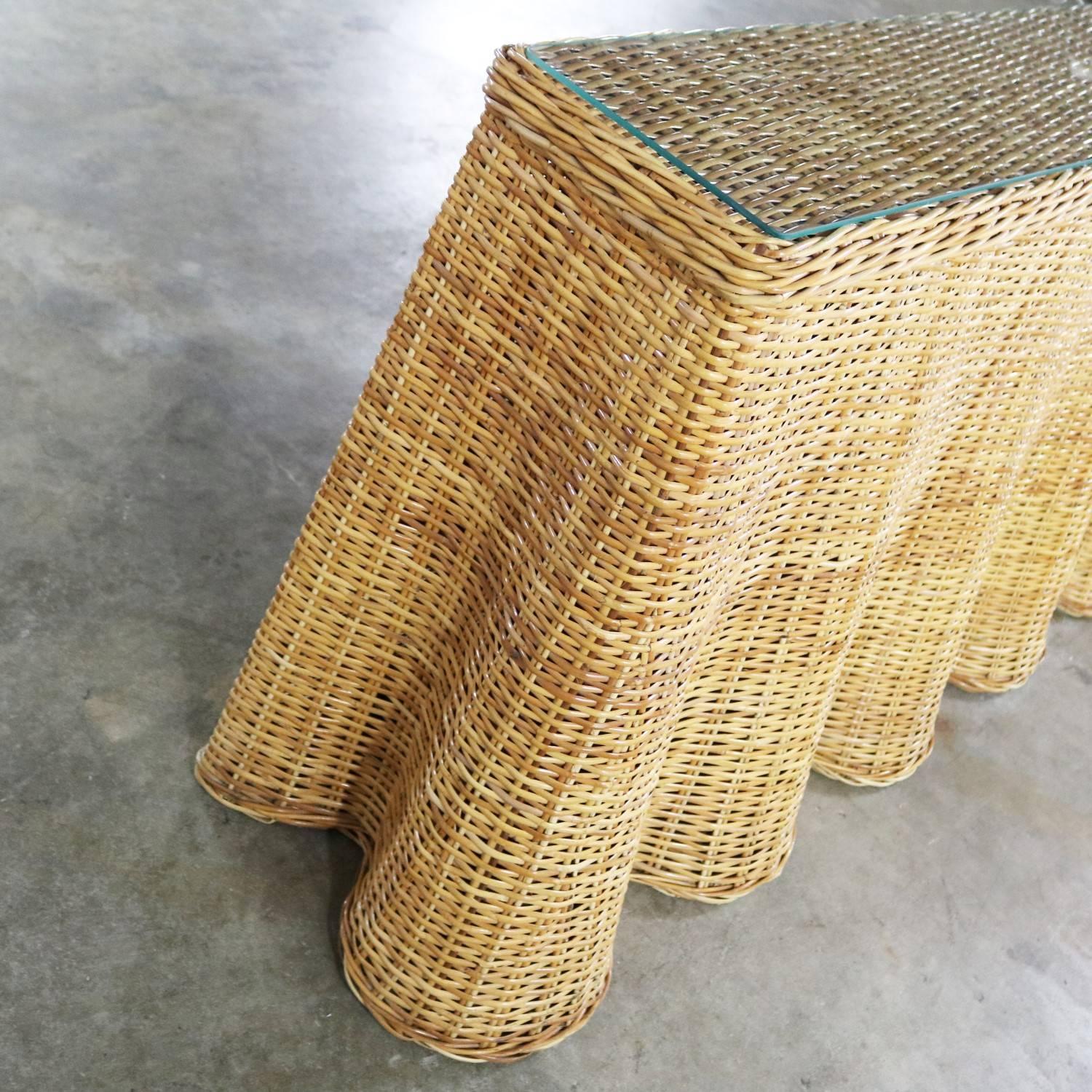 Trompe L’oeil Draped Natural Rattan Wicker Long Console Sofa Table Vintage 8