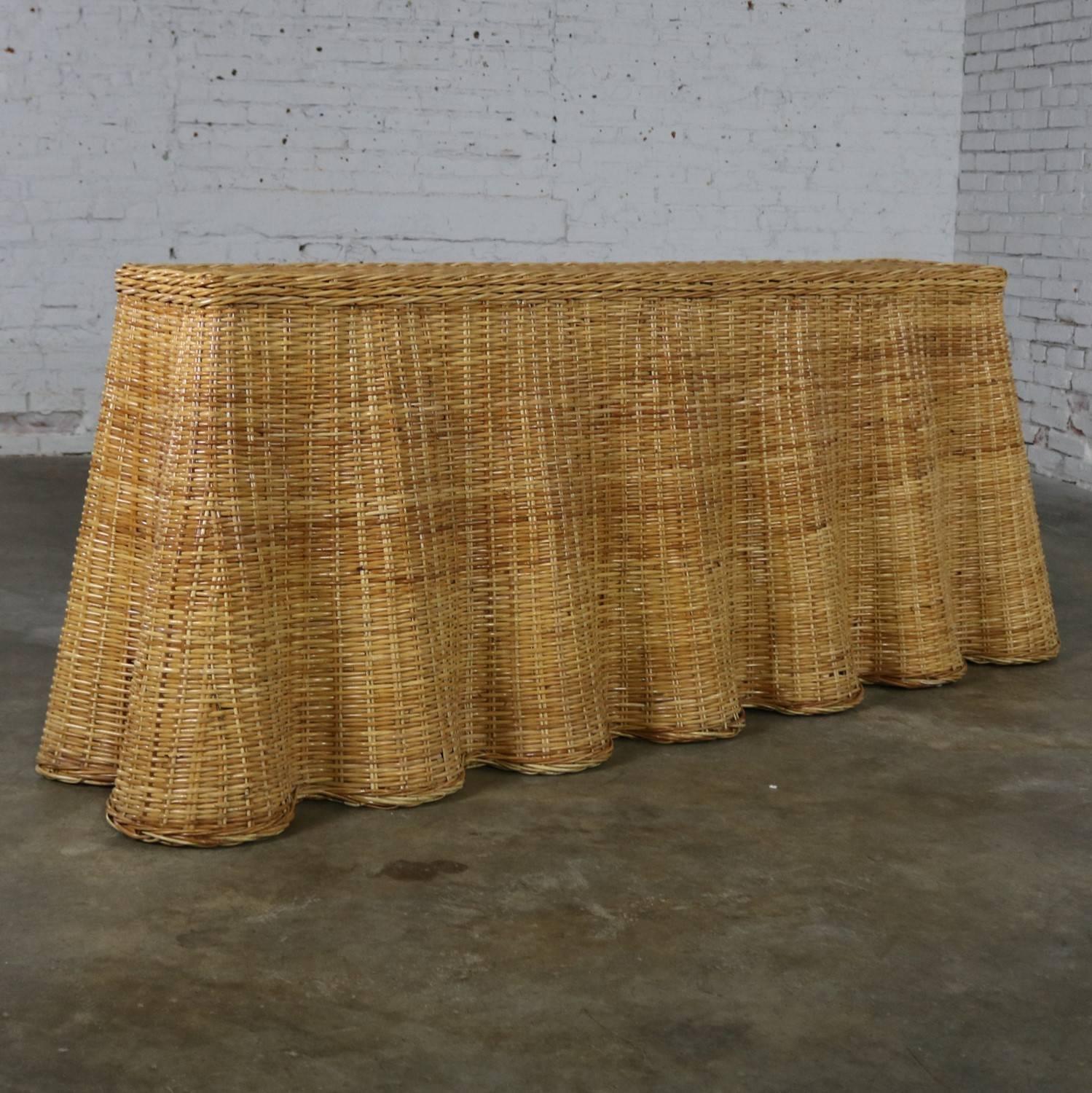 scalloped wicker console table