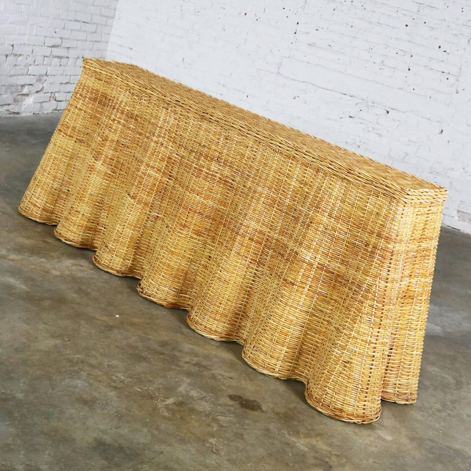 Organic Modern Trompe L’oeil Draped Natural Rattan Wicker Long Console Sofa Table Vintage
