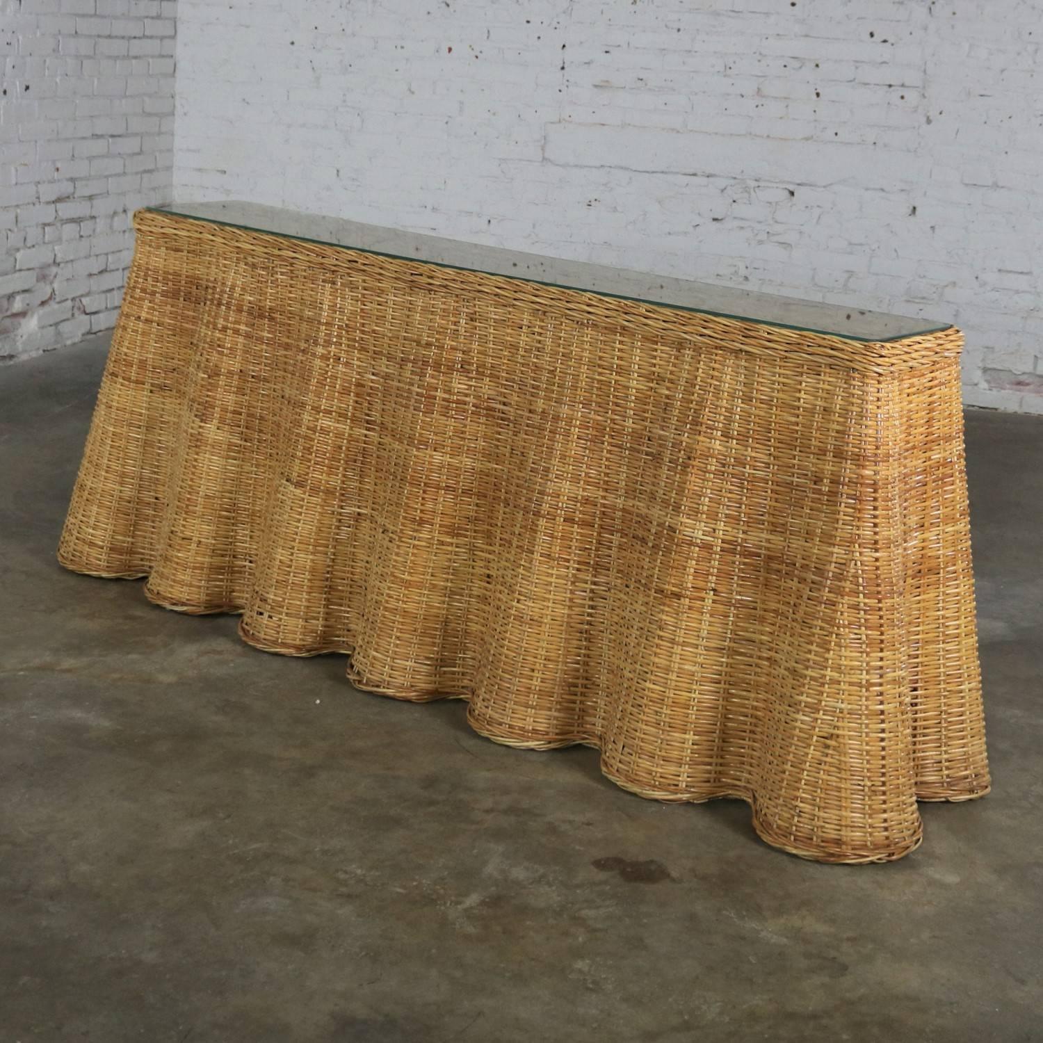 20th Century Trompe L’oeil Draped Natural Rattan Wicker Long Console Sofa Table Vintage