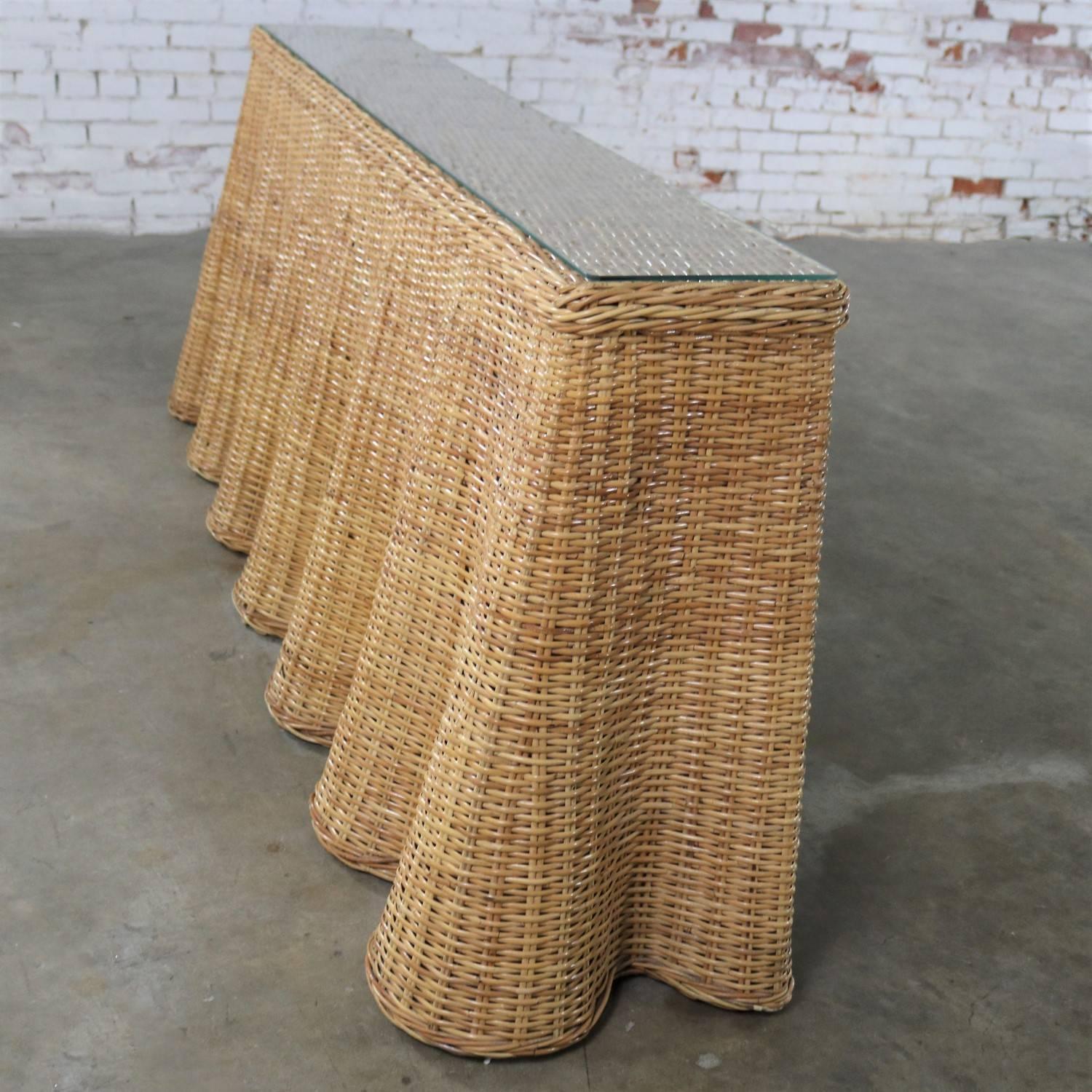 Glass Trompe L’oeil Draped Natural Rattan Wicker Long Console Sofa Table Vintage