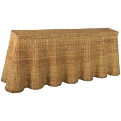 Trompe L’oeil Draped Natural Rattan Wicker Long Console Sofa Table Vintage