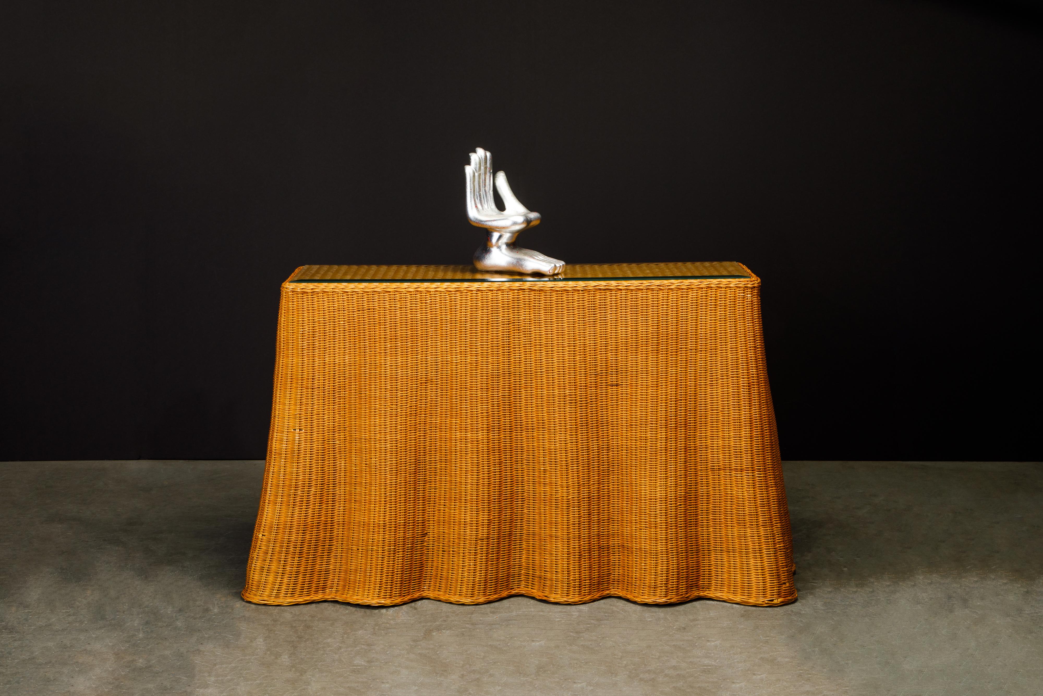Trompe L'œil Draped Wicker Console Table with Glass Top, c 1990s 5