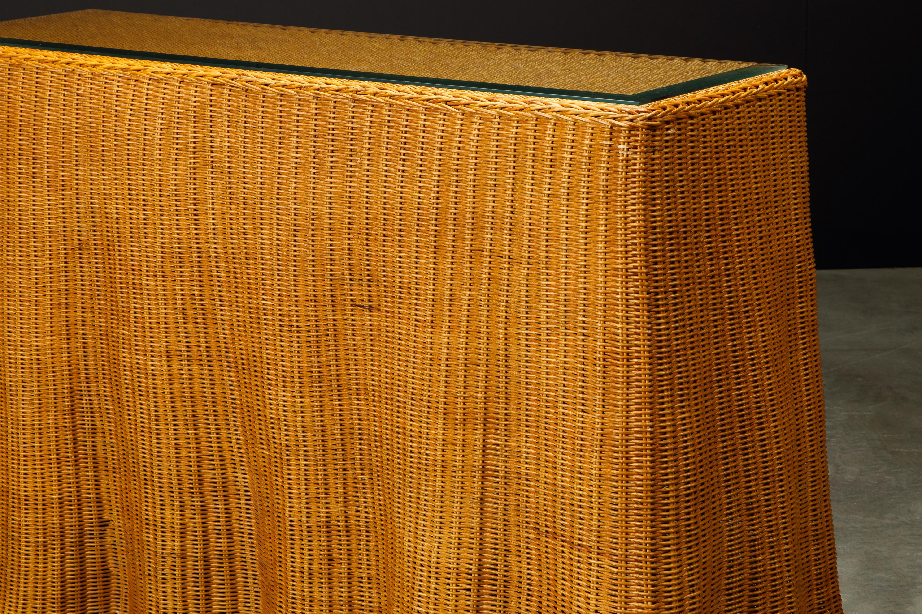 Trompe L'œil Draped Wicker Console Table with Glass Top, c 1990s 6
