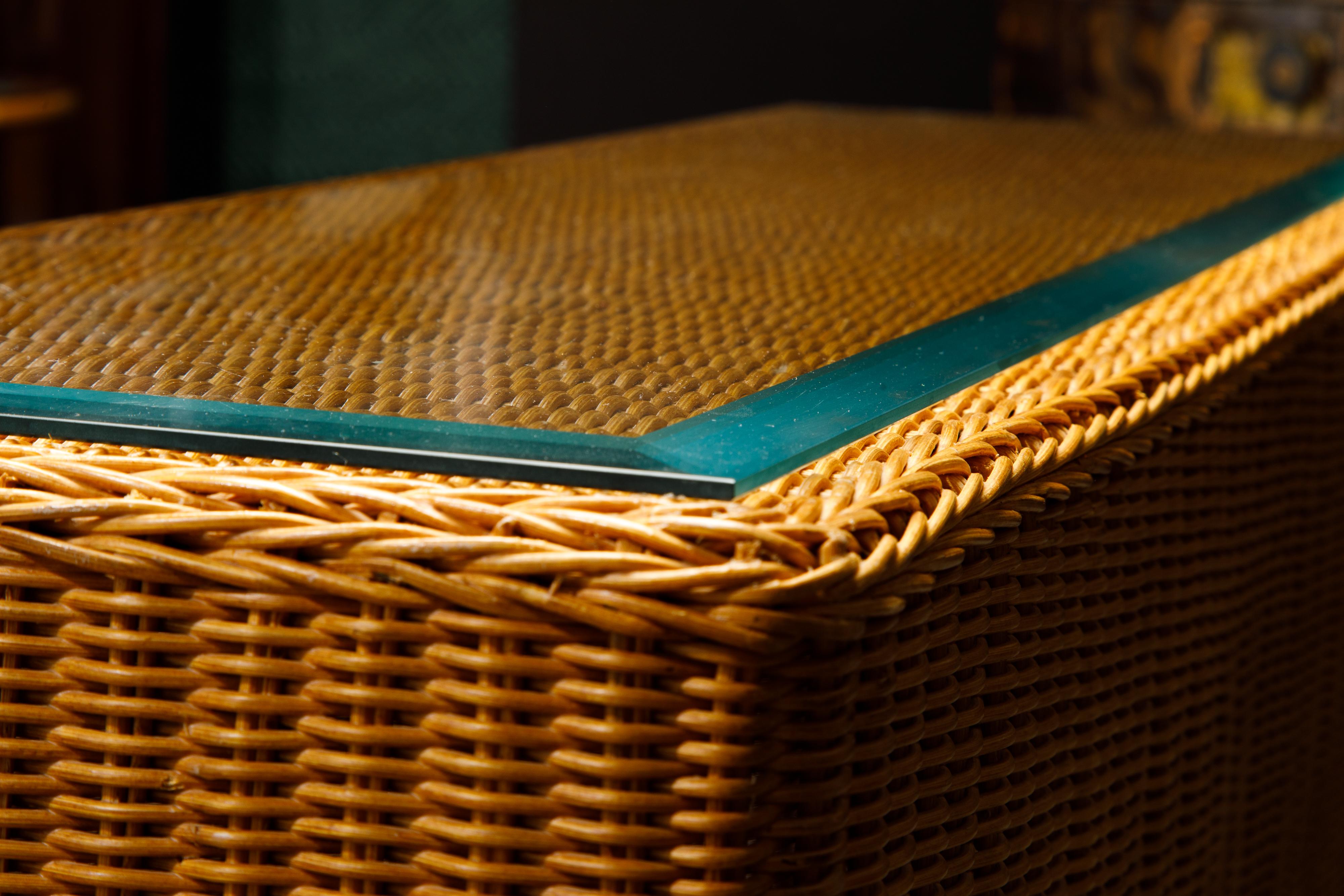Trompe L'œil Draped Wicker Console Table with Glass Top, c 1990s 7
