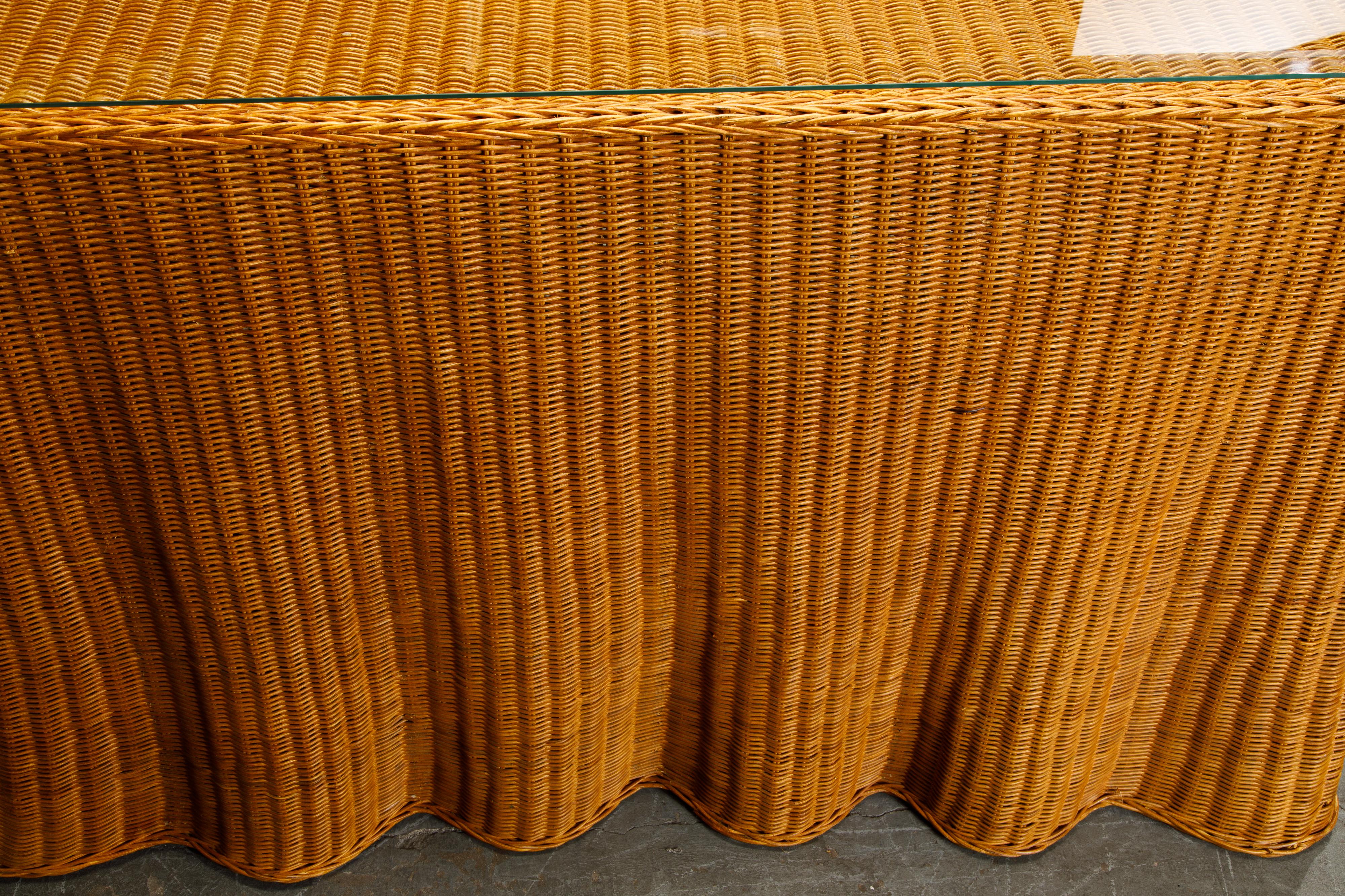 Trompe L'œil Draped Wicker Console Table with Glass Top, c 1990s 9