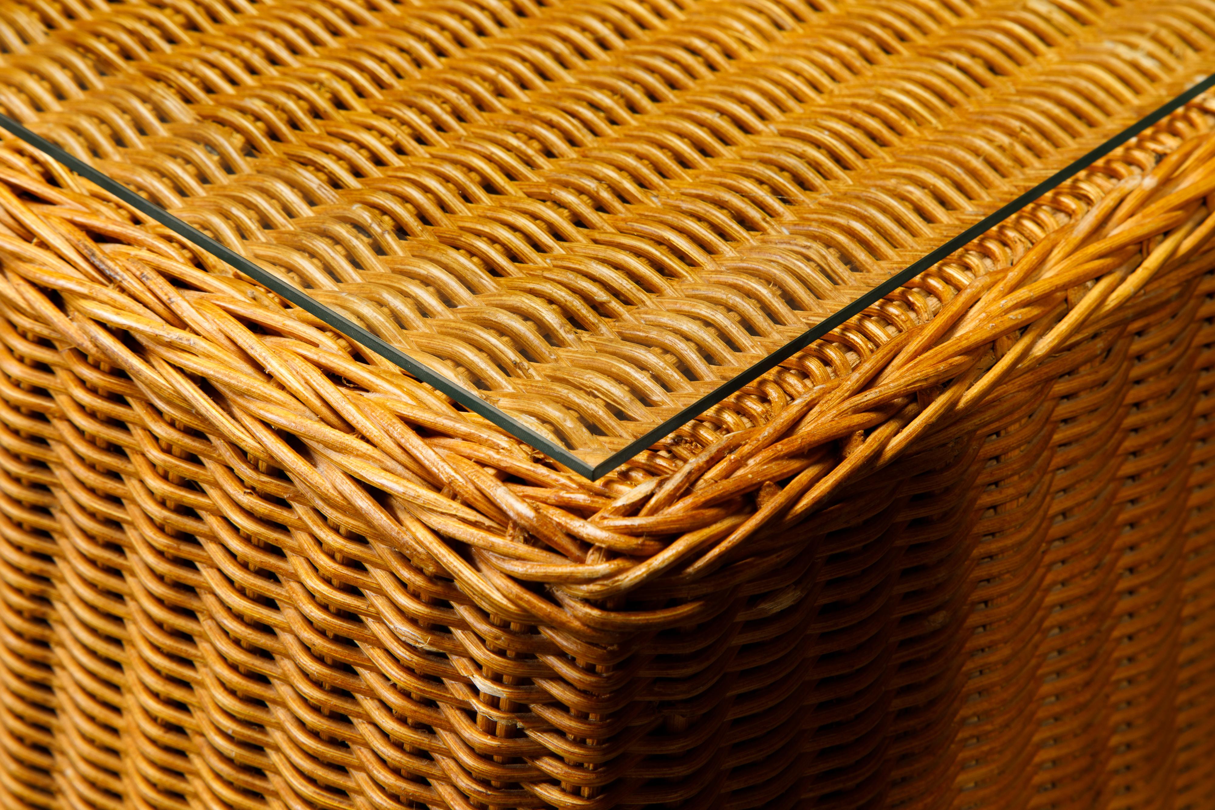 Trompe L'œil Draped Wicker Console Table with Glass Top, c 1990s 10
