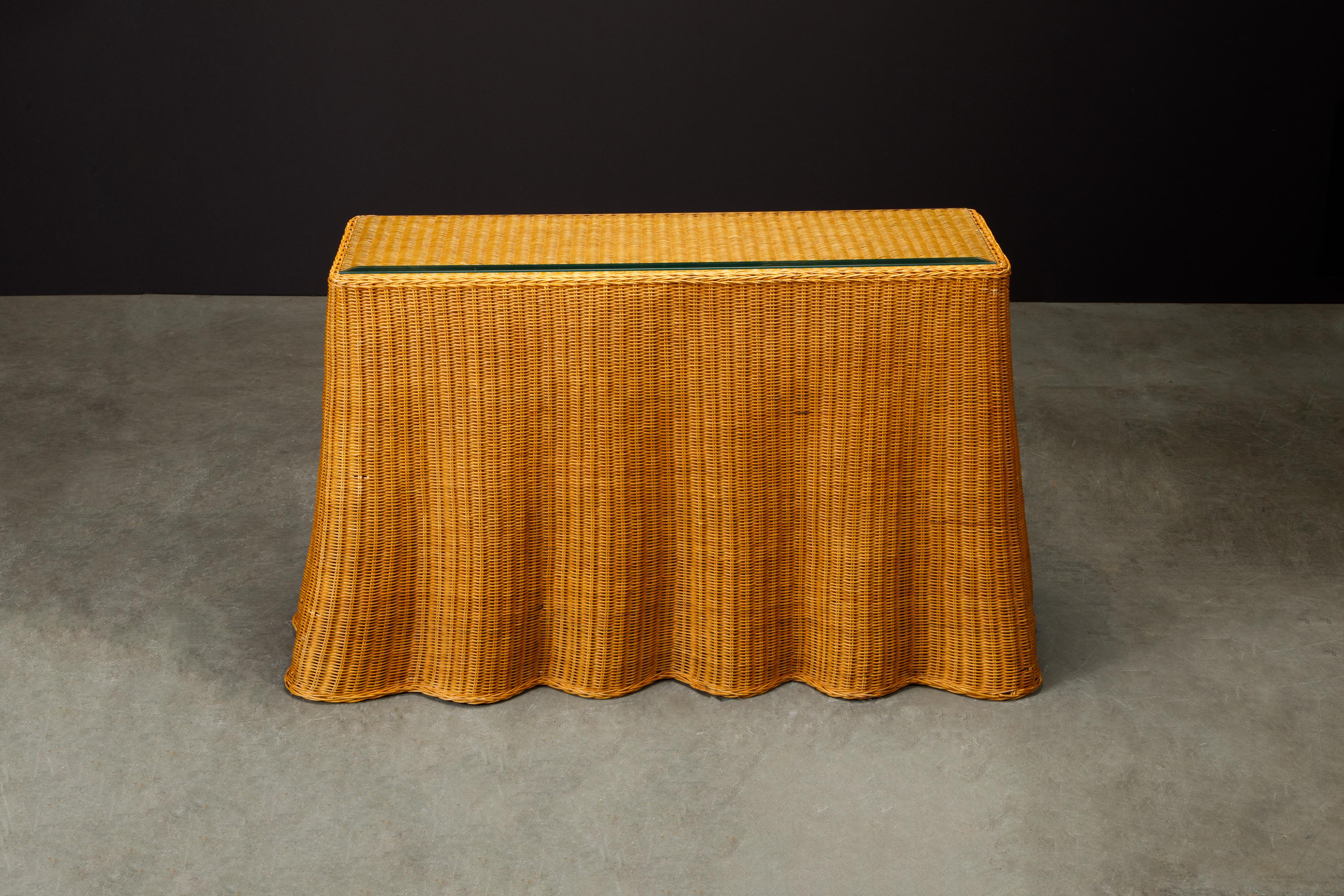 Post-Modern Trompe L'œil Draped Wicker Console Table with Glass Top, c 1990s