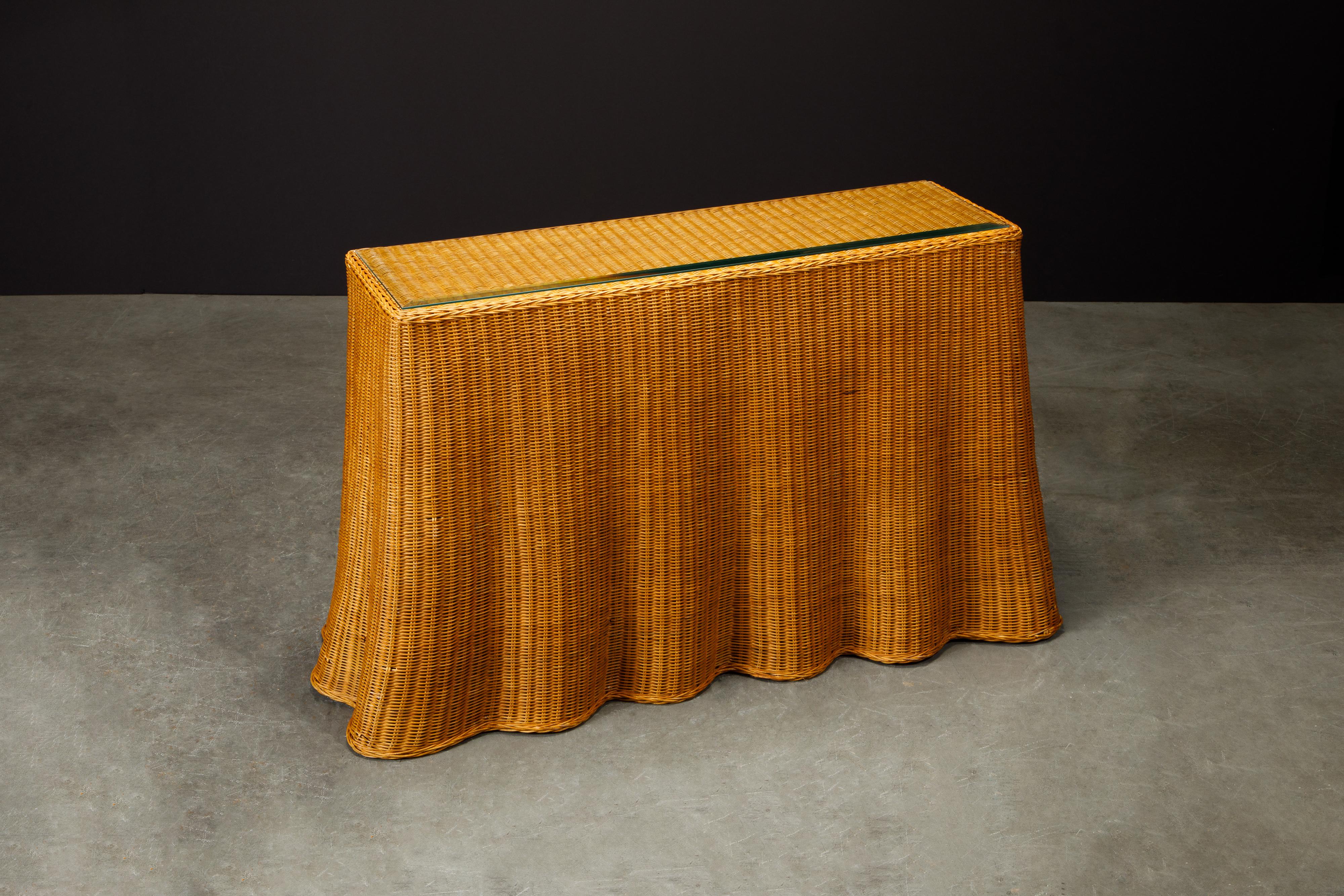 Trompe L'œil Draped Wicker Console Table with Glass Top, c 1990s In Good Condition In Los Angeles, CA