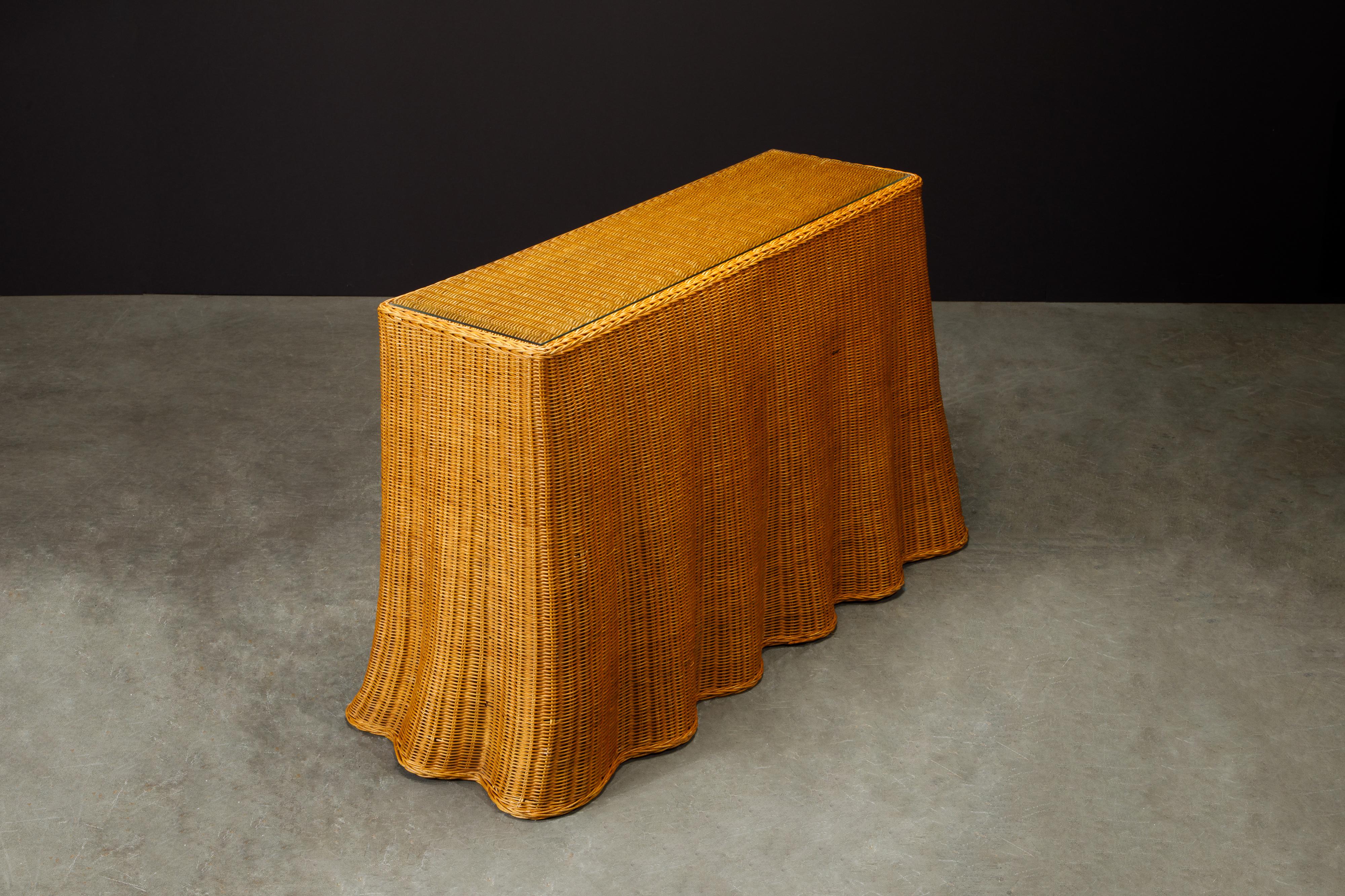 Late 20th Century Trompe L'œil Draped Wicker Console Table with Glass Top, c 1990s