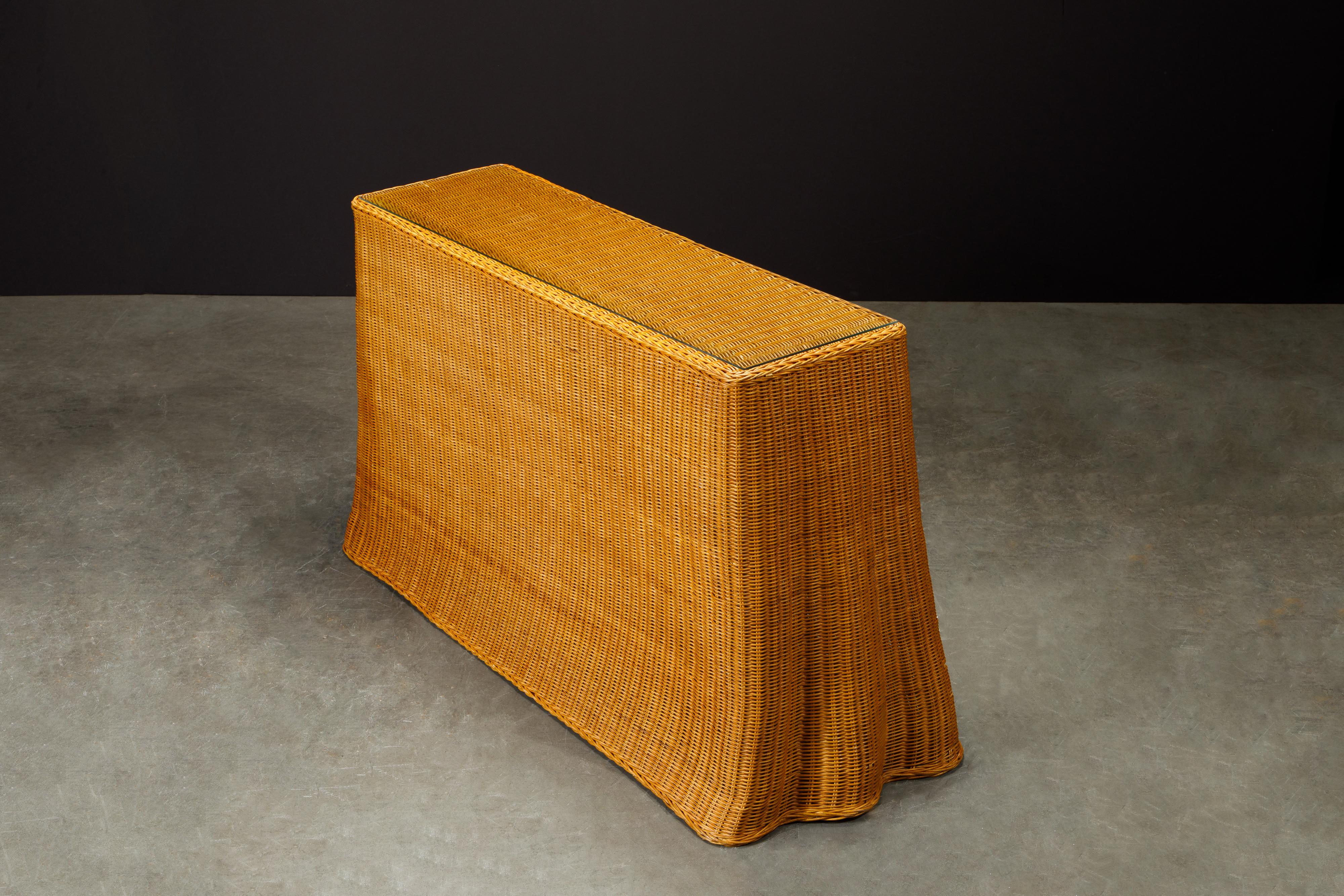 Trompe L'œil Draped Wicker Console Table with Glass Top, c 1990s 1