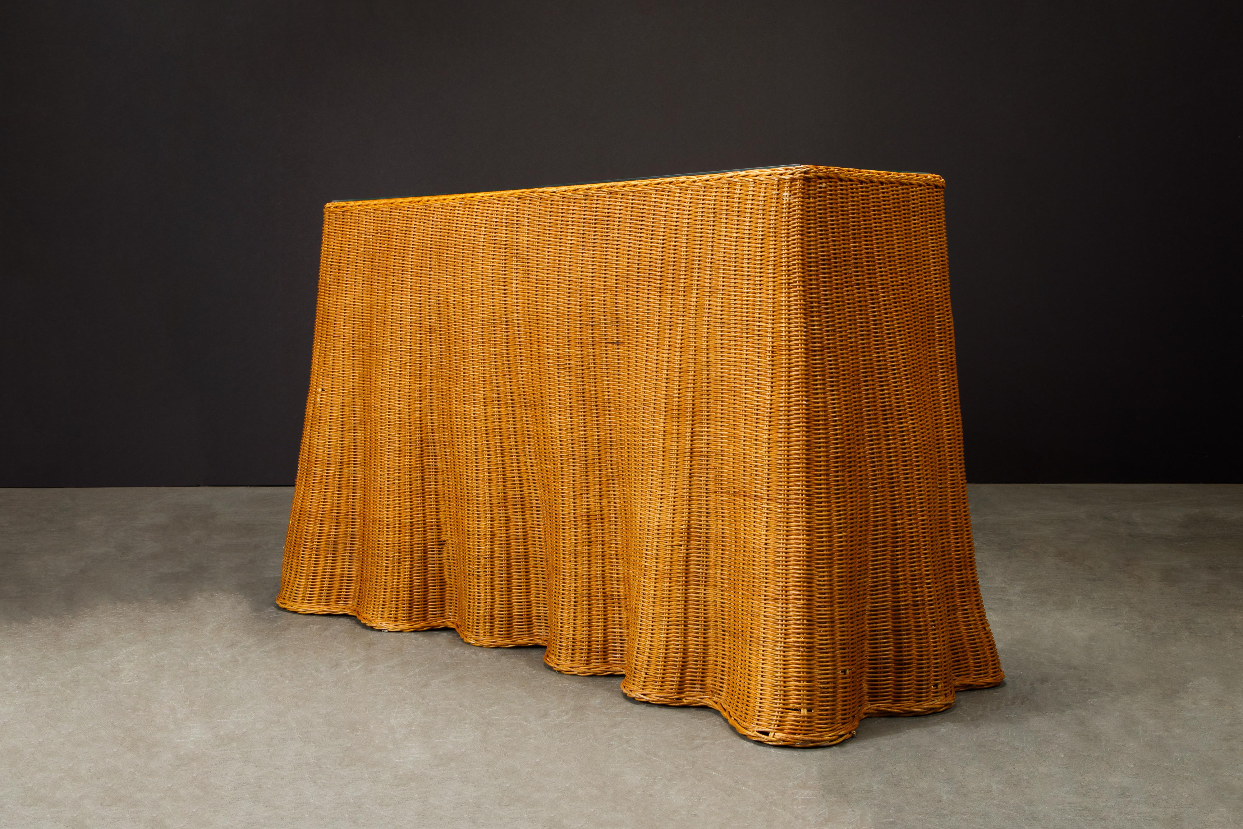 Trompe L'œil Draped Wicker Console Table with Glass Top, c 1990s 2