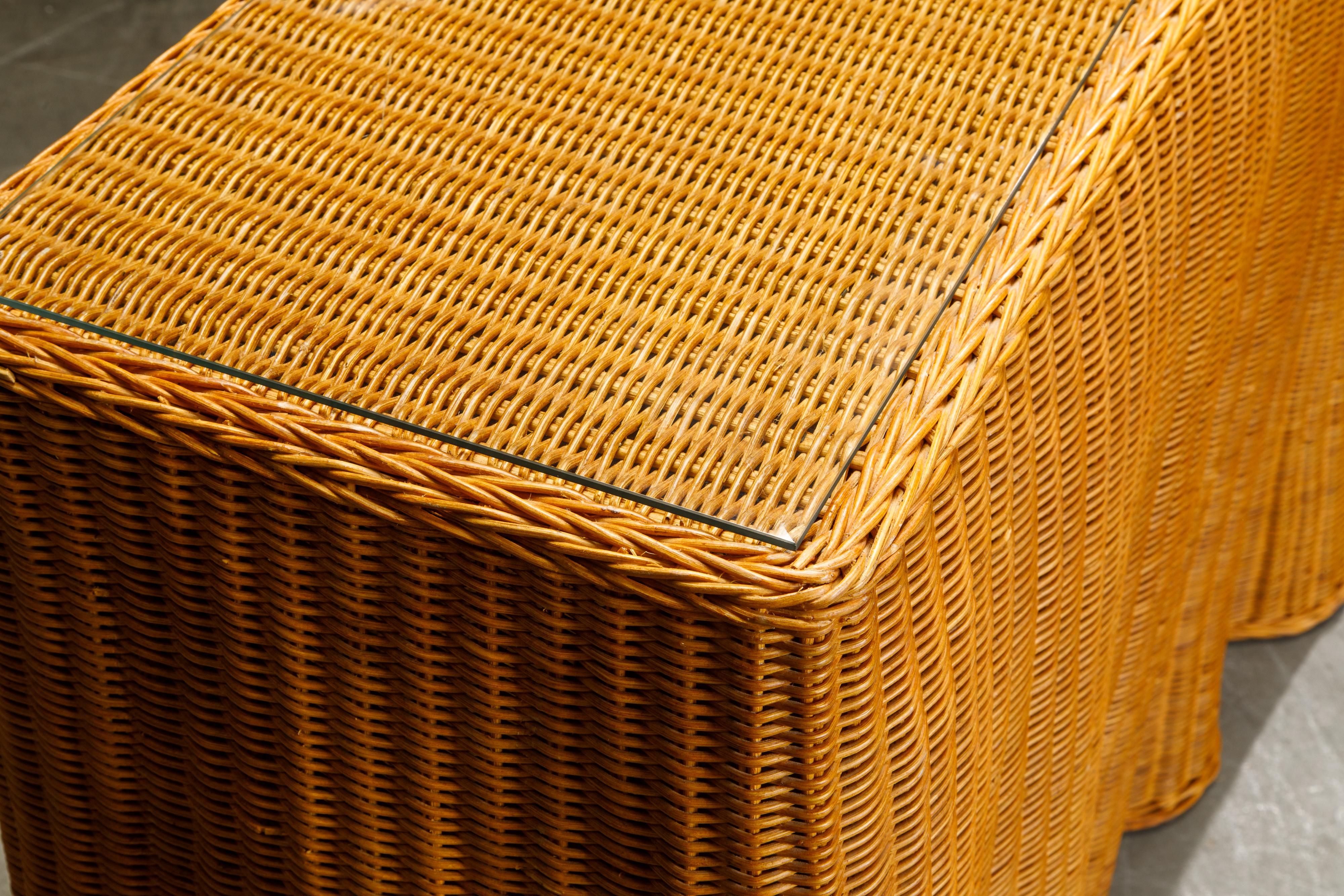 Trompe L'œil Draped Wicker Console Table with Glass Top, c 1990s 3