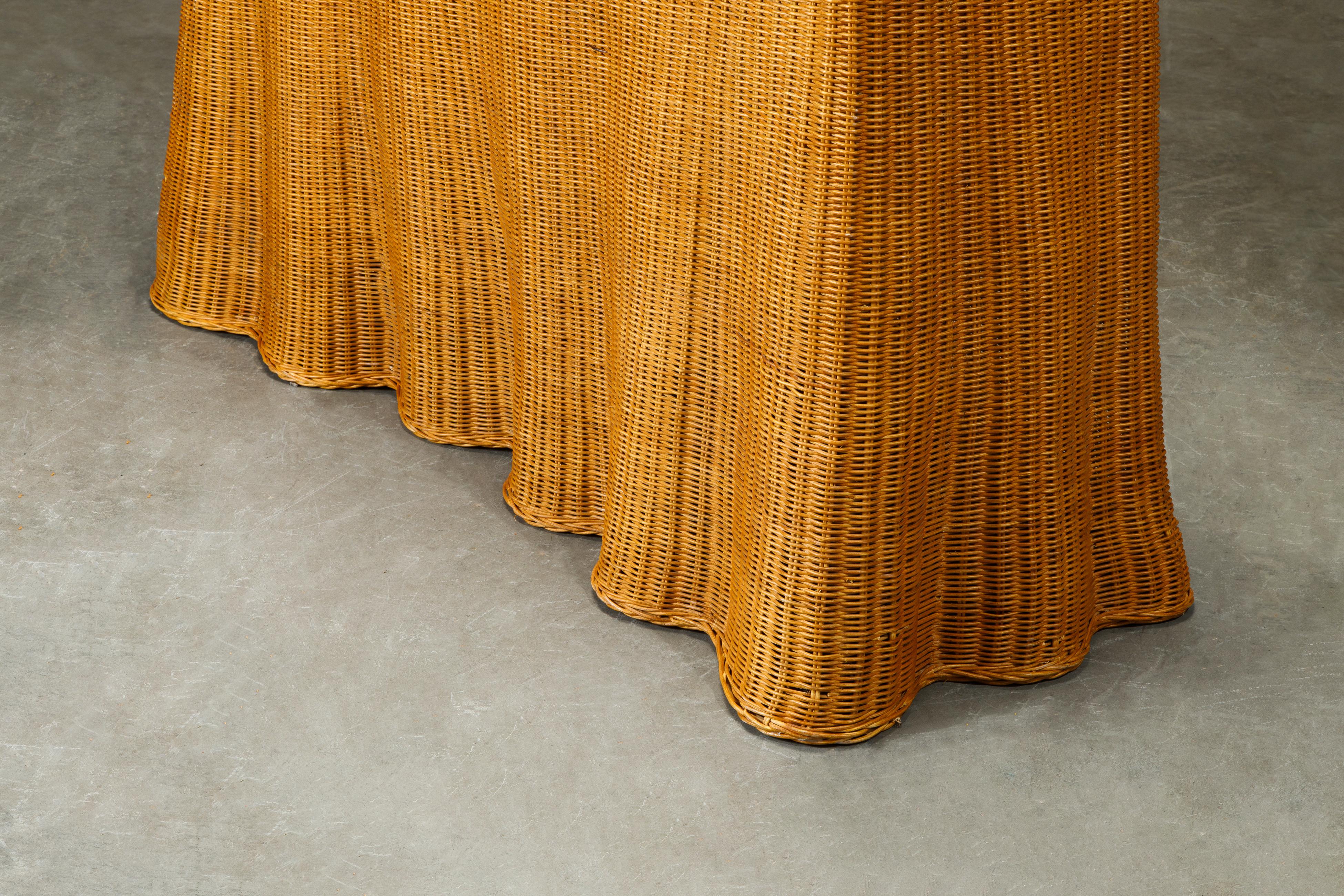 Trompe L'œil Draped Wicker Console Table with Glass Top, c 1990s 4