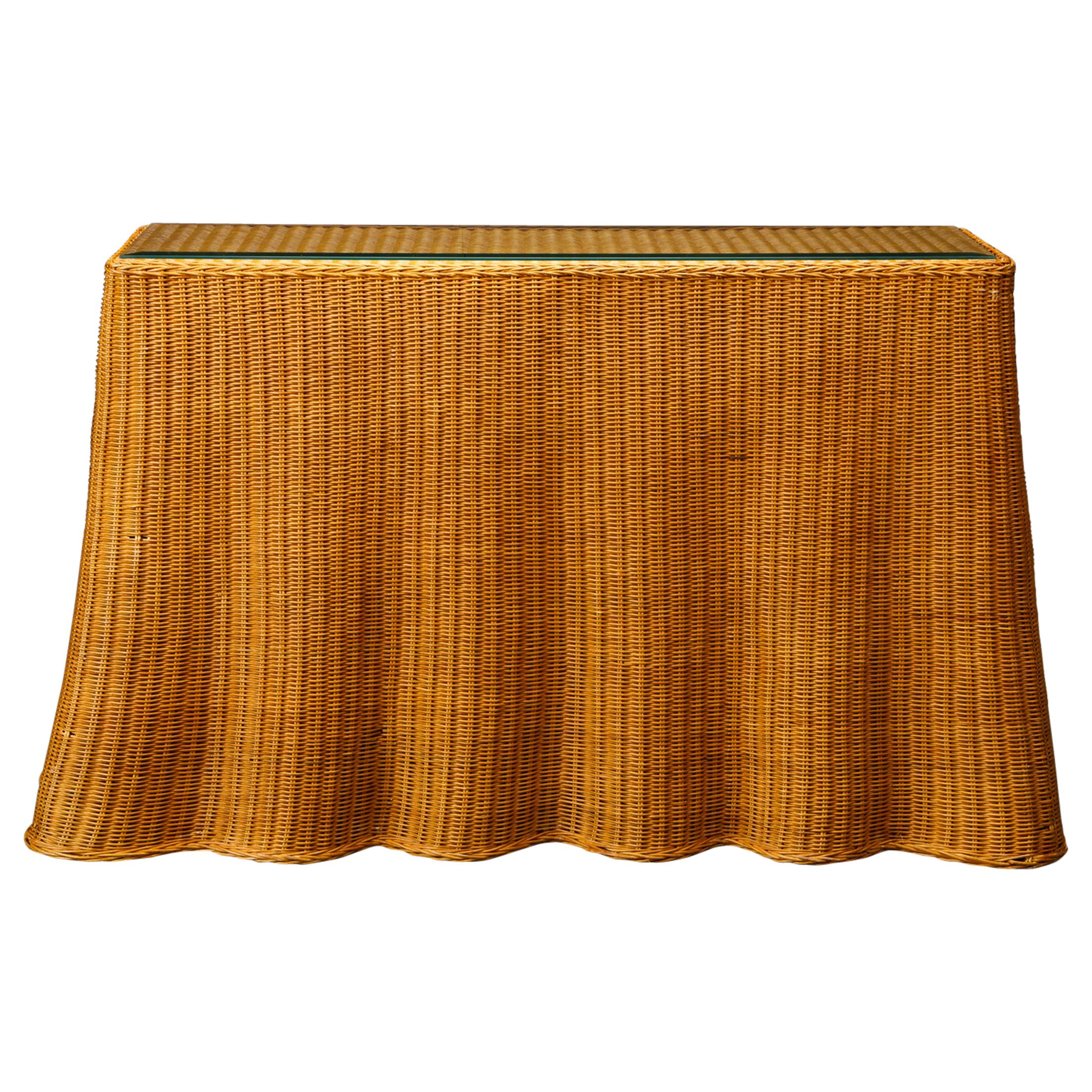 Trompe L'œil Draped Wicker Console Table with Glass Top, c 1990s