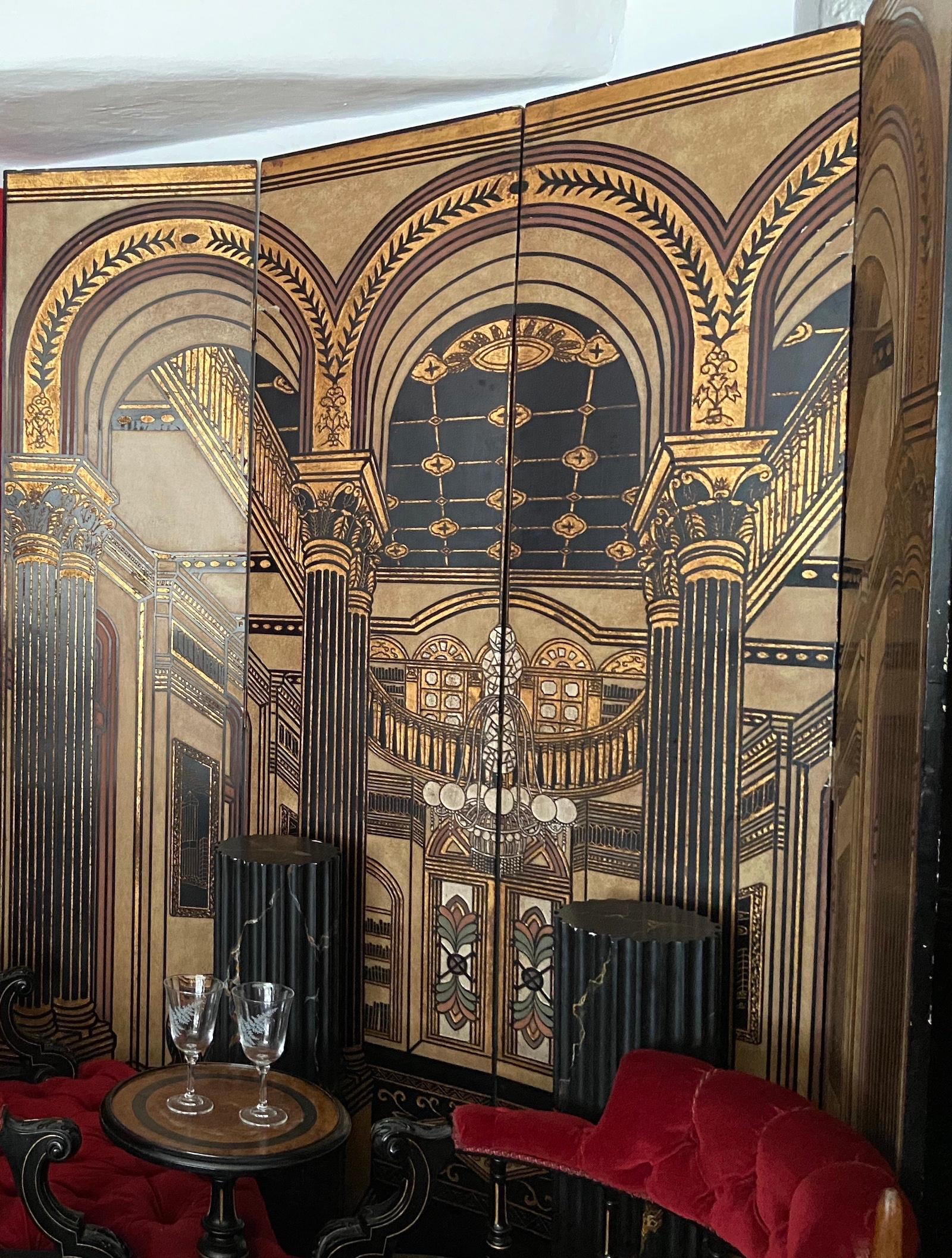 Neoclassical Revival Trompe l’oeil Gilded and Carved Lacquer Four-Panel Dressing Screen For Sale