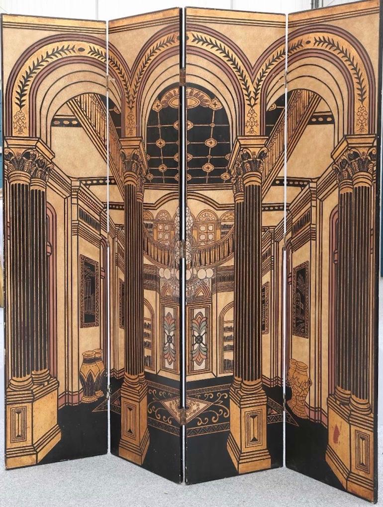 French Trompe l’oeil Gilded and Carved Lacquer Four-Panel Dressing Screen For Sale