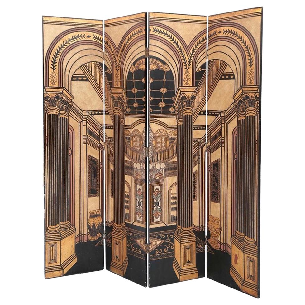 Trompe l’oeil Gilded and Carved Lacquer Four-Panel Dressing Screen For Sale