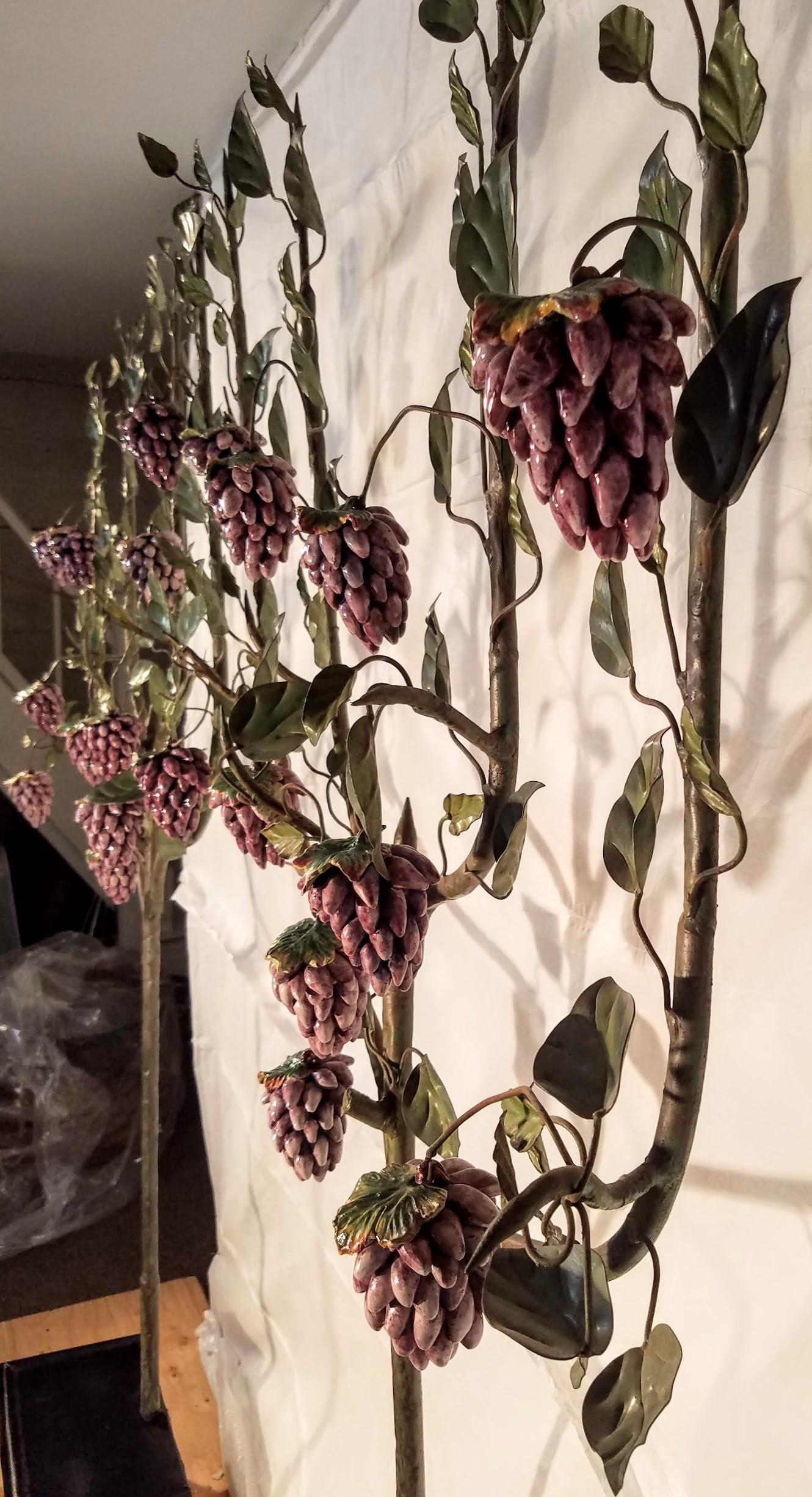 Welded Hand Painted Grape Vines with Clusters of Majolica Grapes Deruta, circa 1940