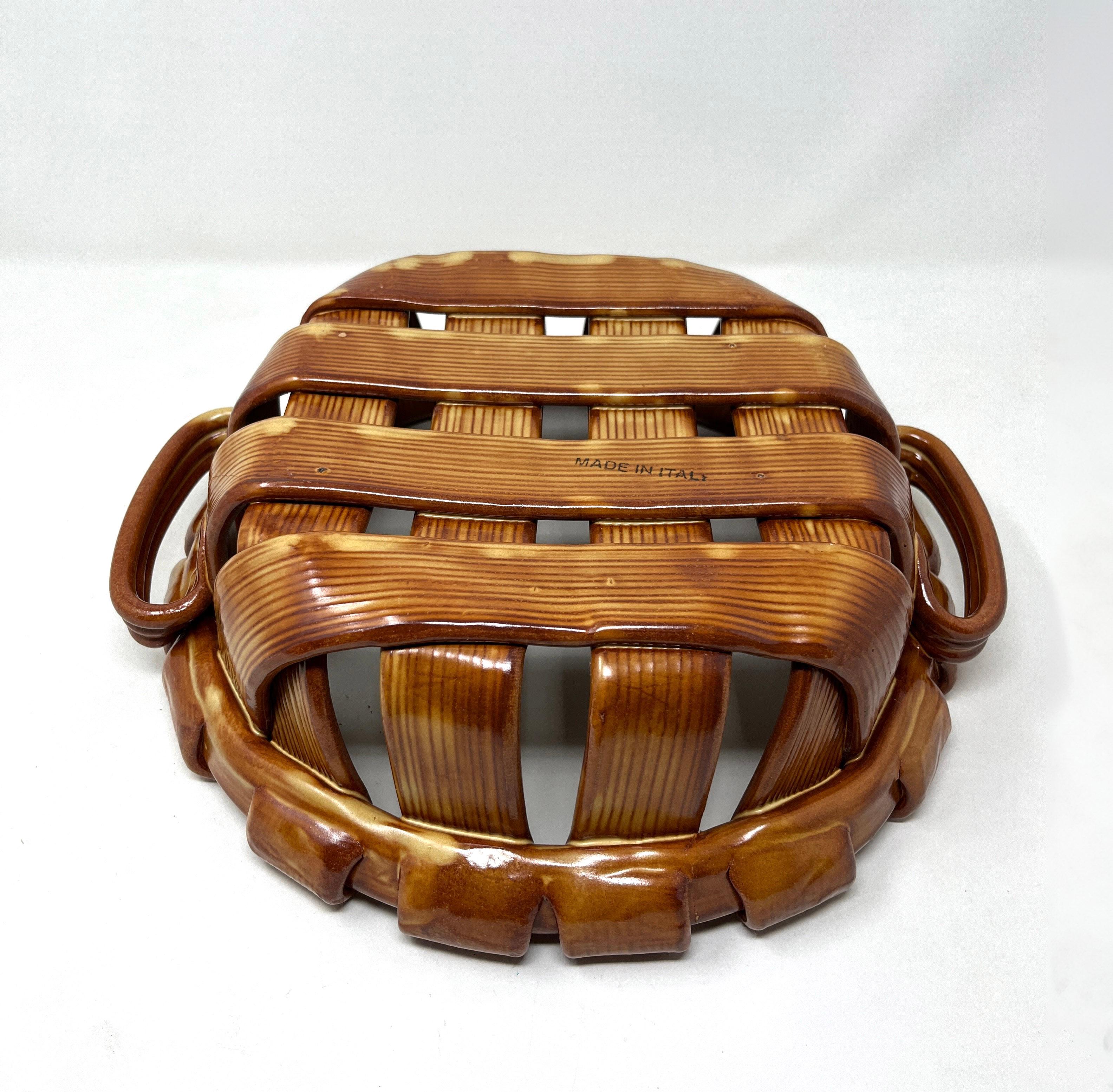 20th Century Trompe L'Oeil Italian Ceramic Woven Basket For Sale