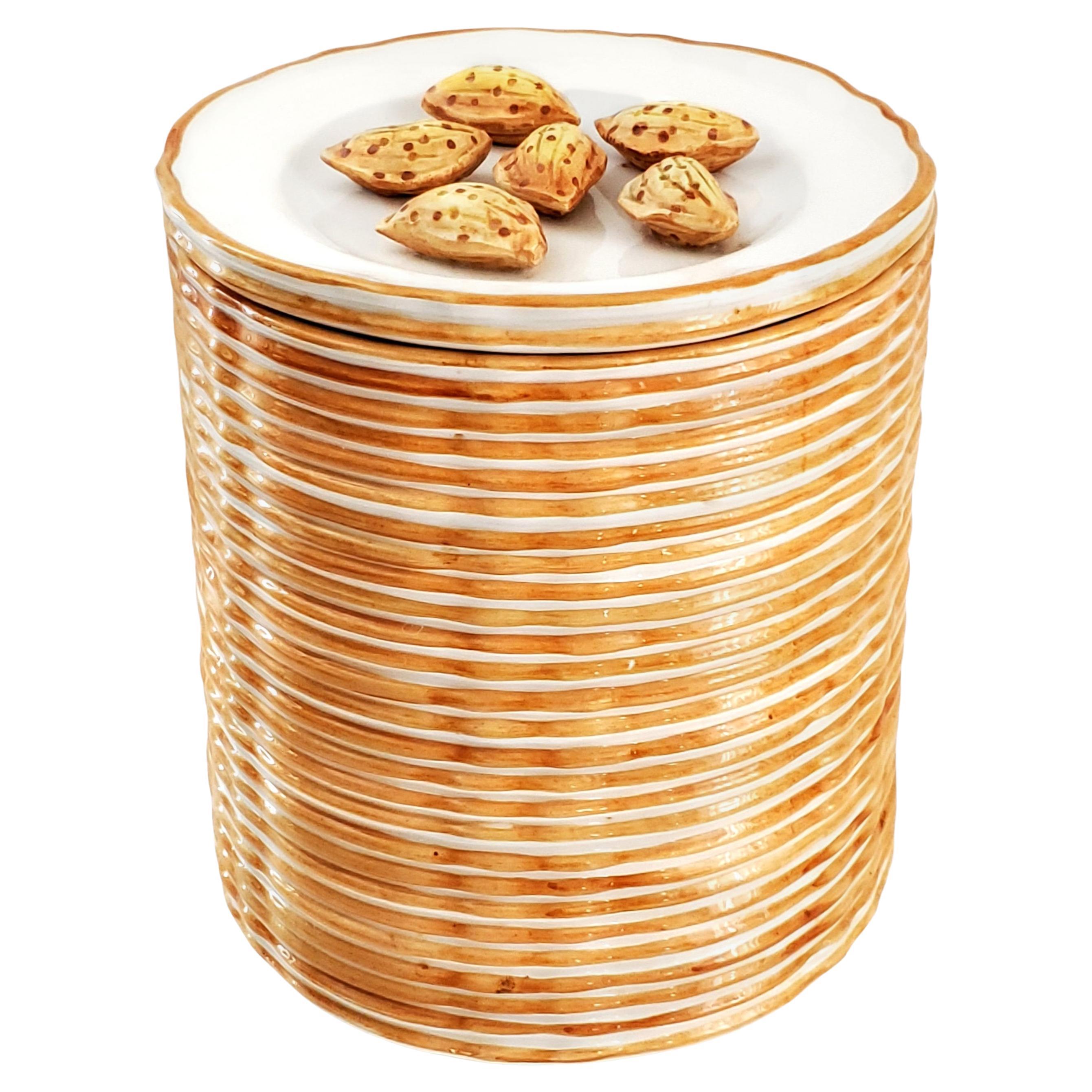 Trompe l'Oeil Italian Majolica Mid 20th Century Porcelain Canister with Walnuts For Sale