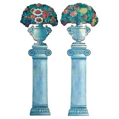 Trompe L’oeil Neo-Classical Style Painted Italian Columns W/ Floral Urns - S/2