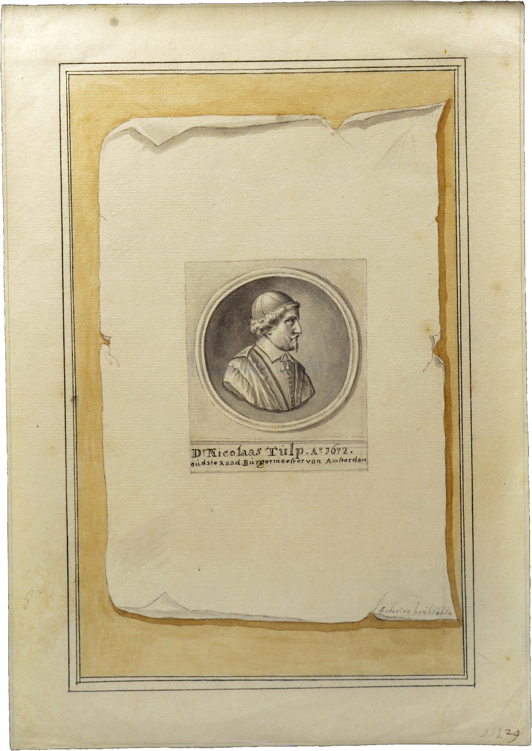 Framed trompe l’oeil of silver medal celebrating Dr. Nicolaes Tulp’s fourth term as mayor of Amsterdam
 
Pen and black ink with grey and yellow-brown wash, over black chalk, within black ink framing lines.
Signed at the lower right of the fictive
