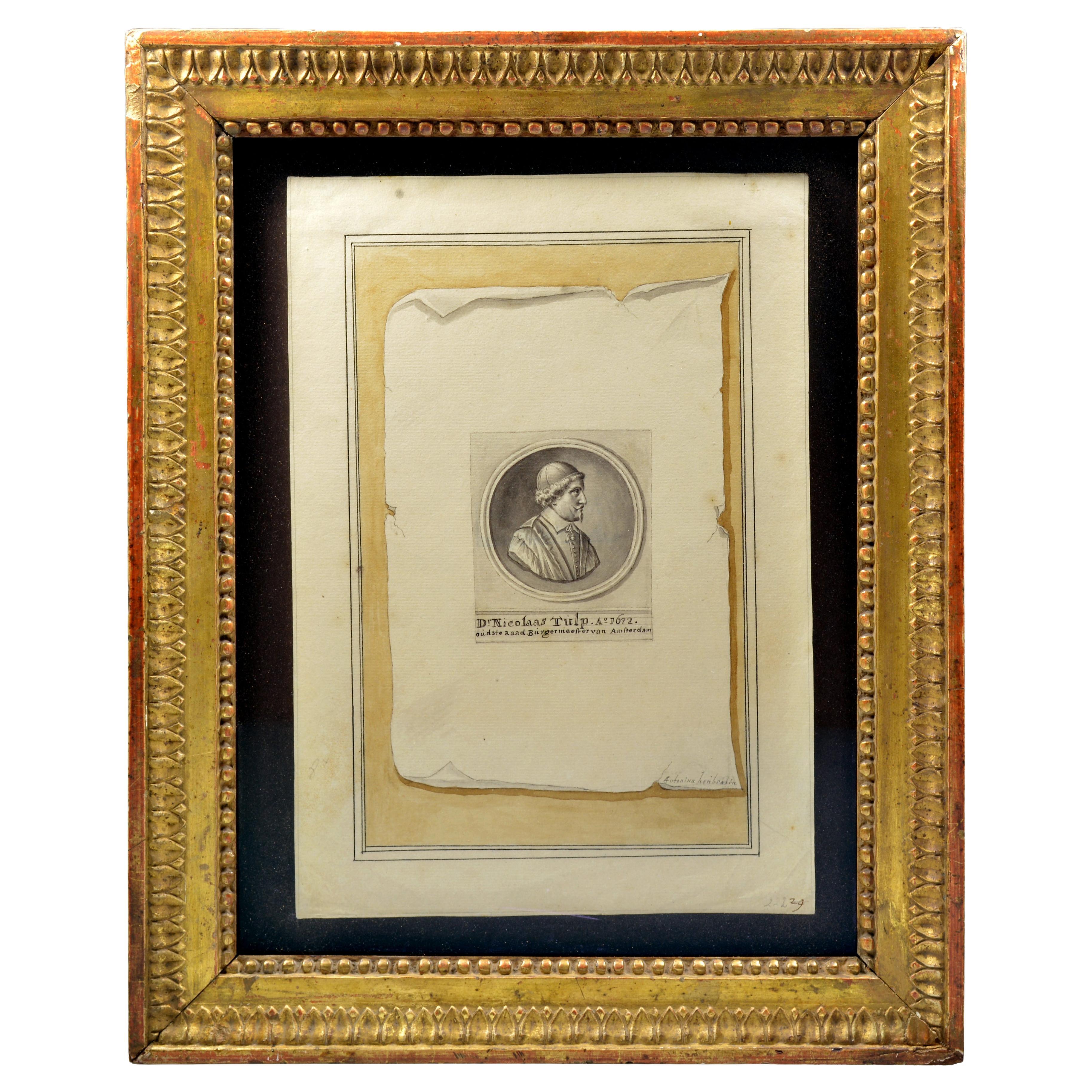  Trompe l’oeil of silver medal of Dr. Nicolaes Tulp, mayor of Amsterdam For Sale