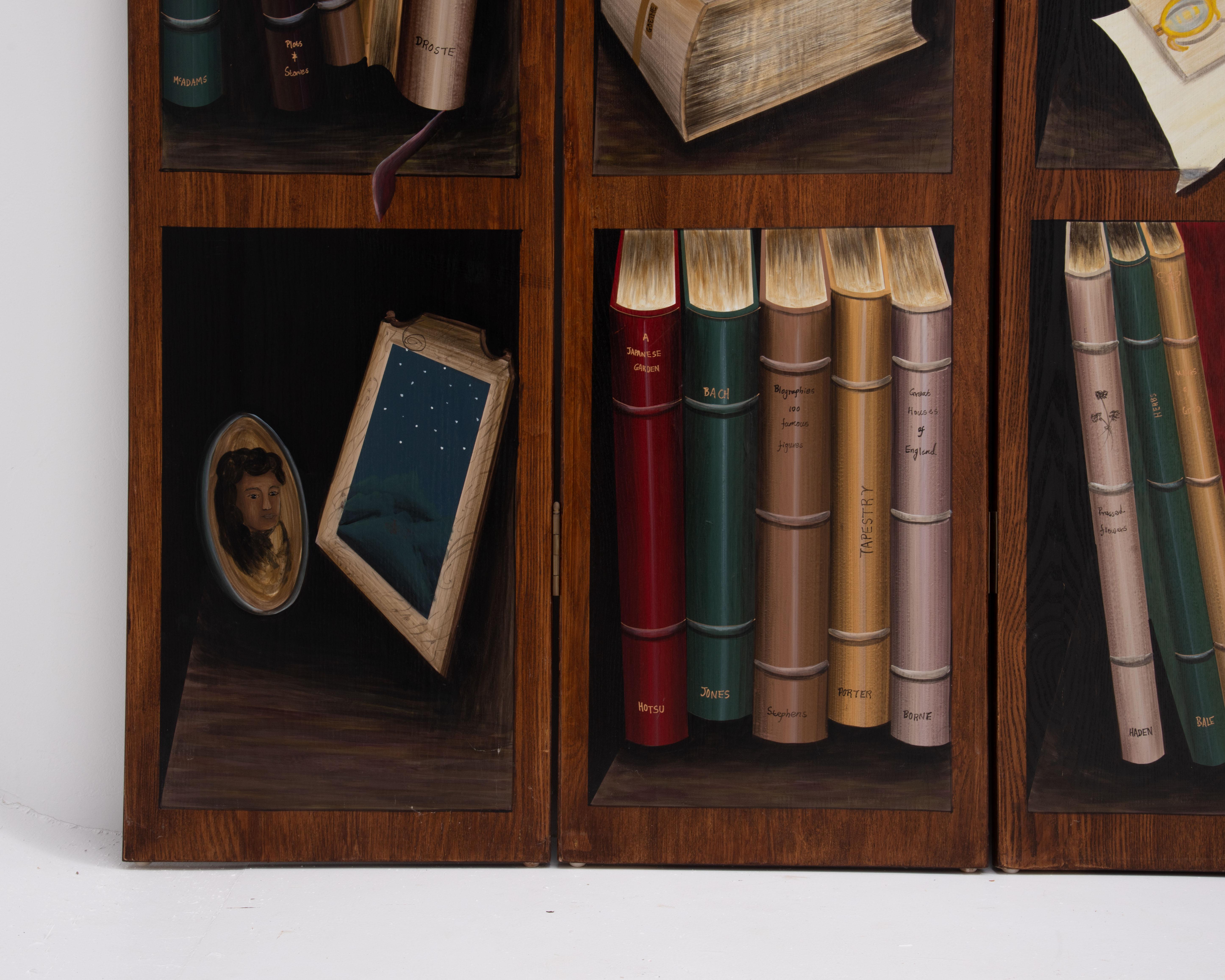 Unknown Trompe L''Oeil Painted Books 4 Panel Screen Room Divider After Maitland Smith For Sale