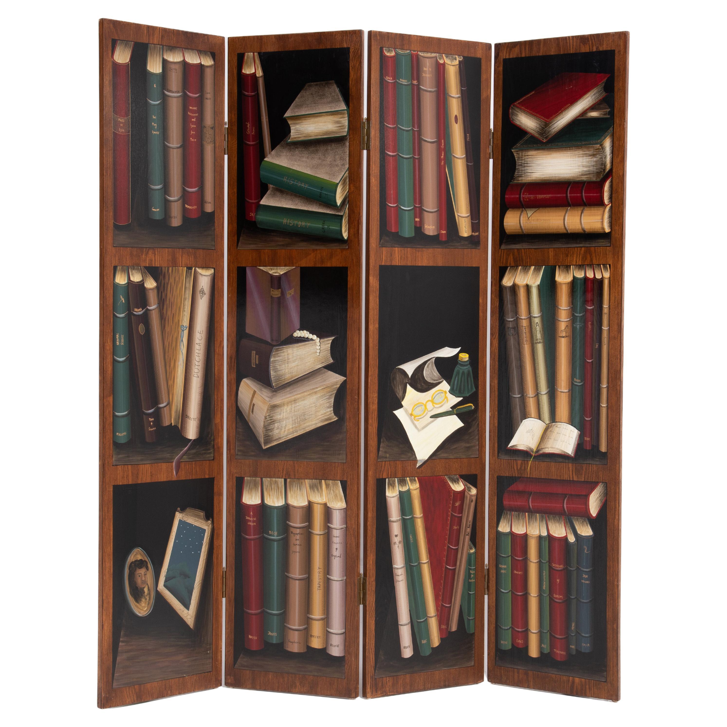 Trompe L''Oeil Painted Books 4 Panel Screen Room Divider After Maitland Smith