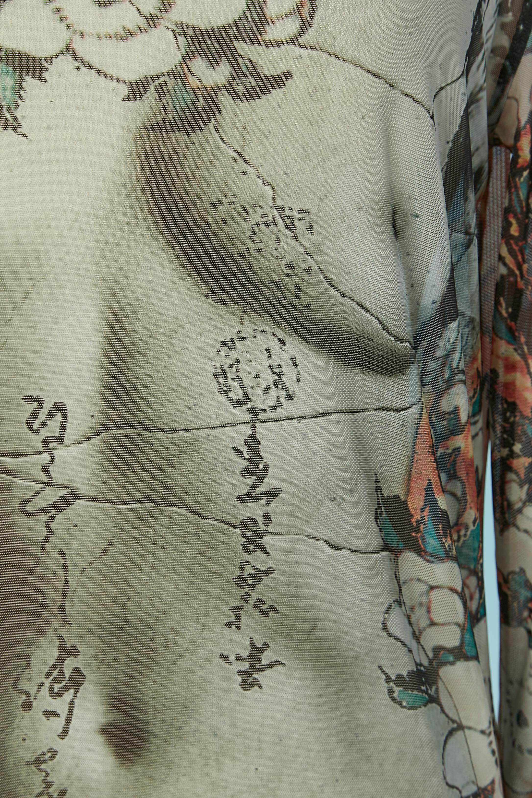 Trompe l'oeil printed stretch tulle tee-shirt with long sleeve. 
Fabric composition: 94% polyester, 6% elastane. 
SIZE M 
