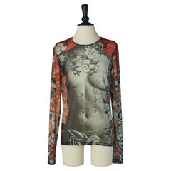 T-shirt elasticizzata con stampa trompe l'oeil e manica lunga Jean Paul Gaultier