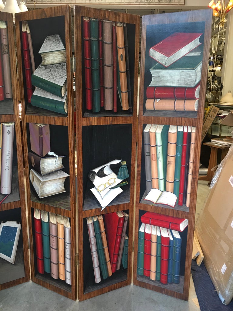 Trompe l'Oeil Screen of Four Panels with Painted Books For Sale 2