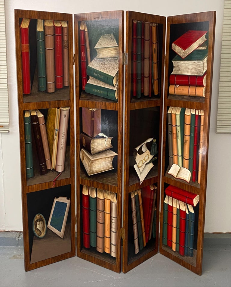 American Classical Trompe l'Oeil Screen of Four Panels with Painted Books For Sale