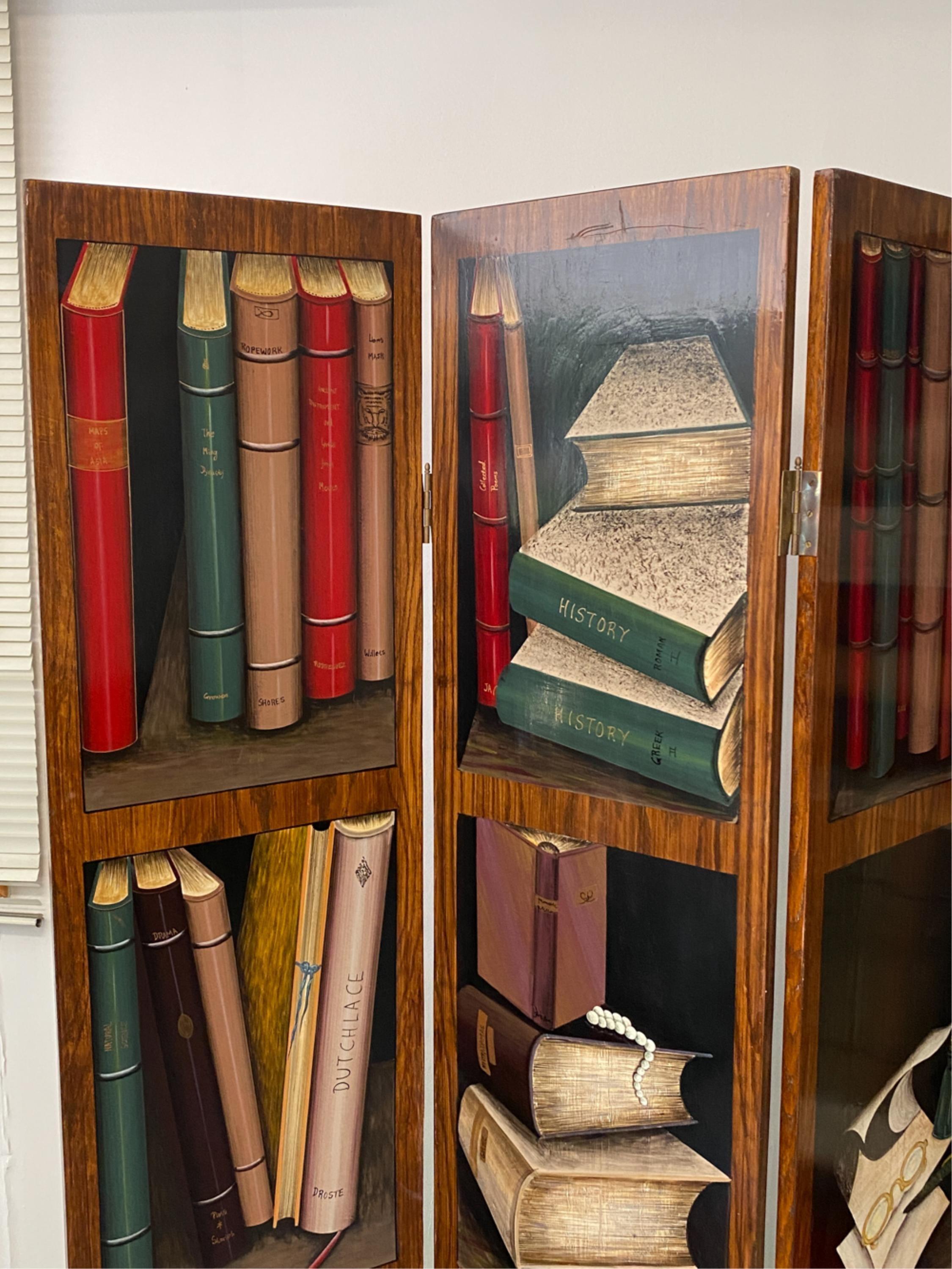 American Classical Trompe l'Oeil Screen of Four Panels with Painted Books