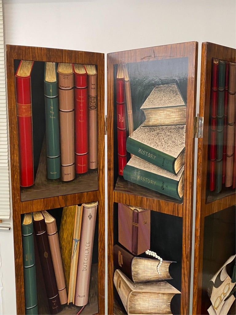 American Trompe l'Oeil Screen of Four Panels with Painted Books For Sale