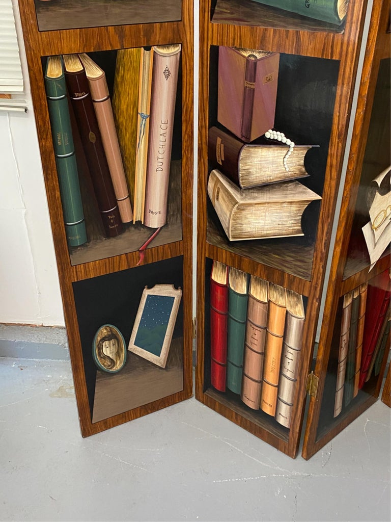 Hand-Painted Trompe l'Oeil Screen of Four Panels with Painted Books For Sale