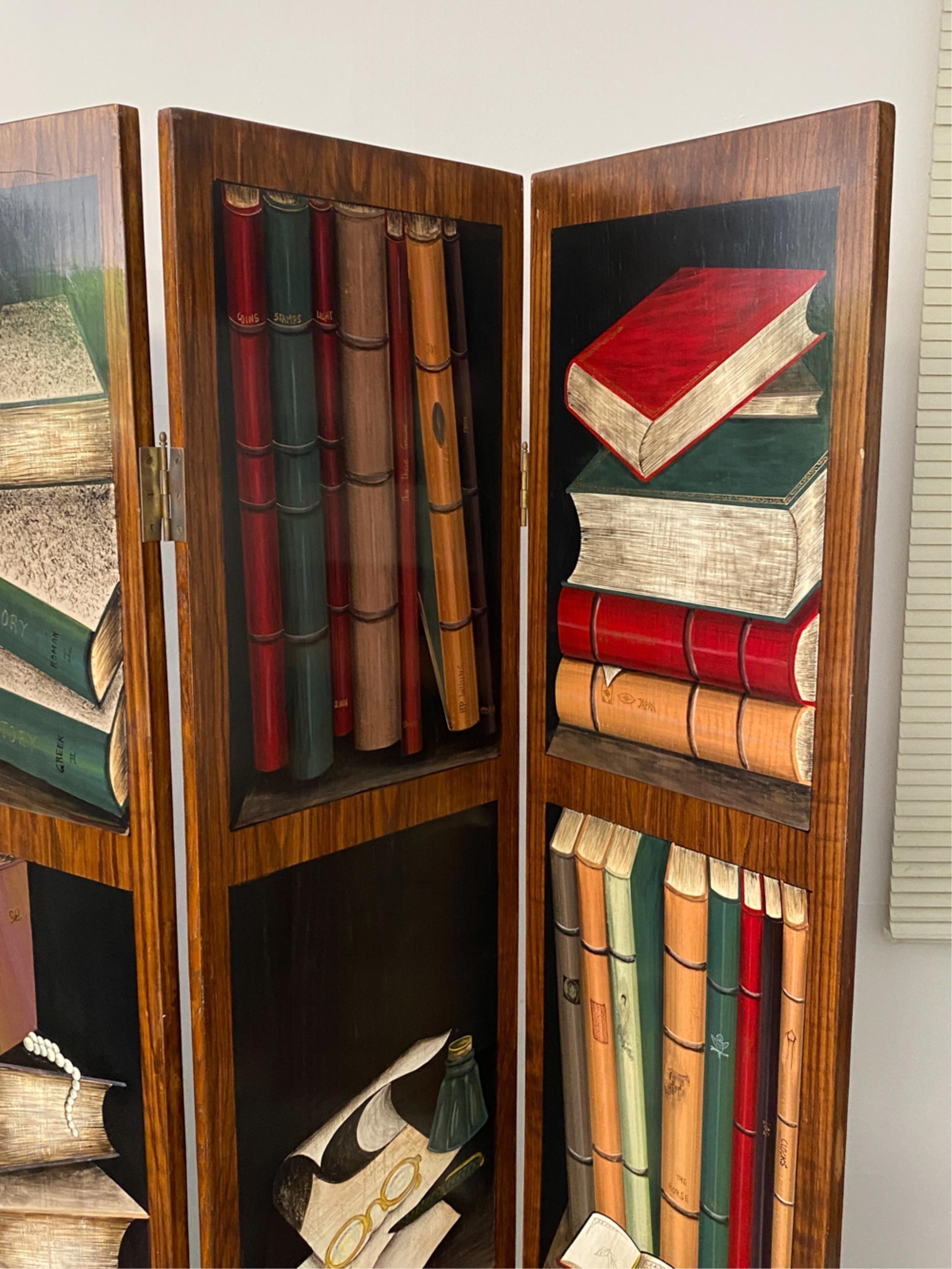 Hand-Painted Trompe l'Oeil Screen of Four Panels with Painted Books