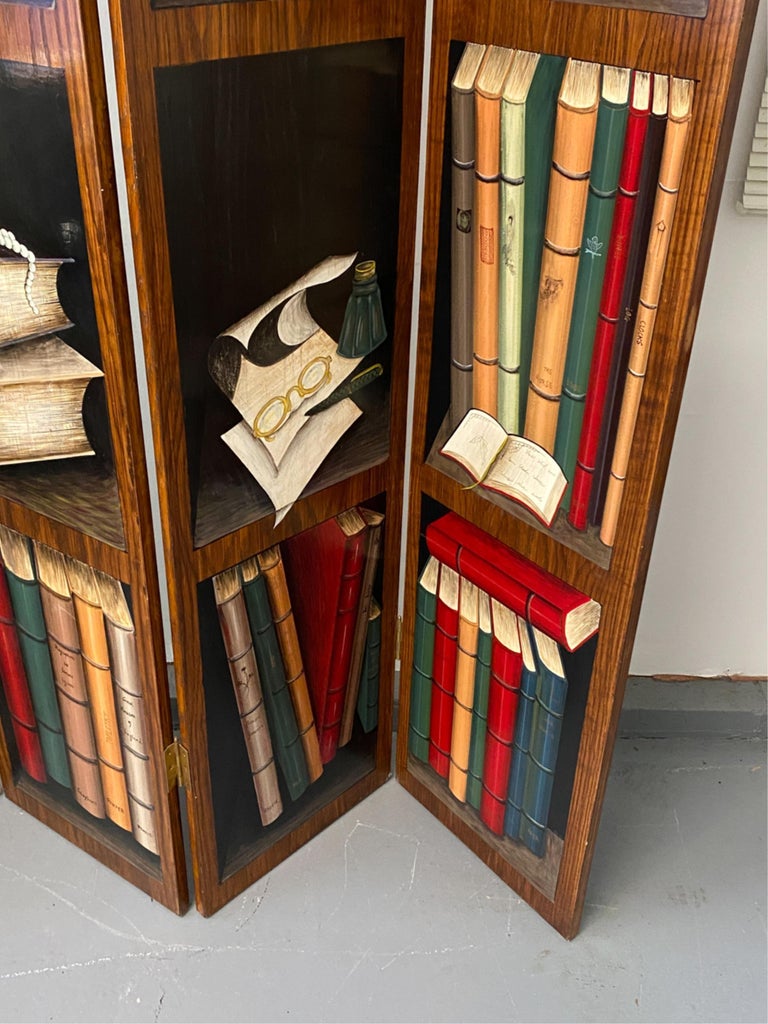 Mid-20th Century Trompe l'Oeil Screen of Four Panels with Painted Books For Sale