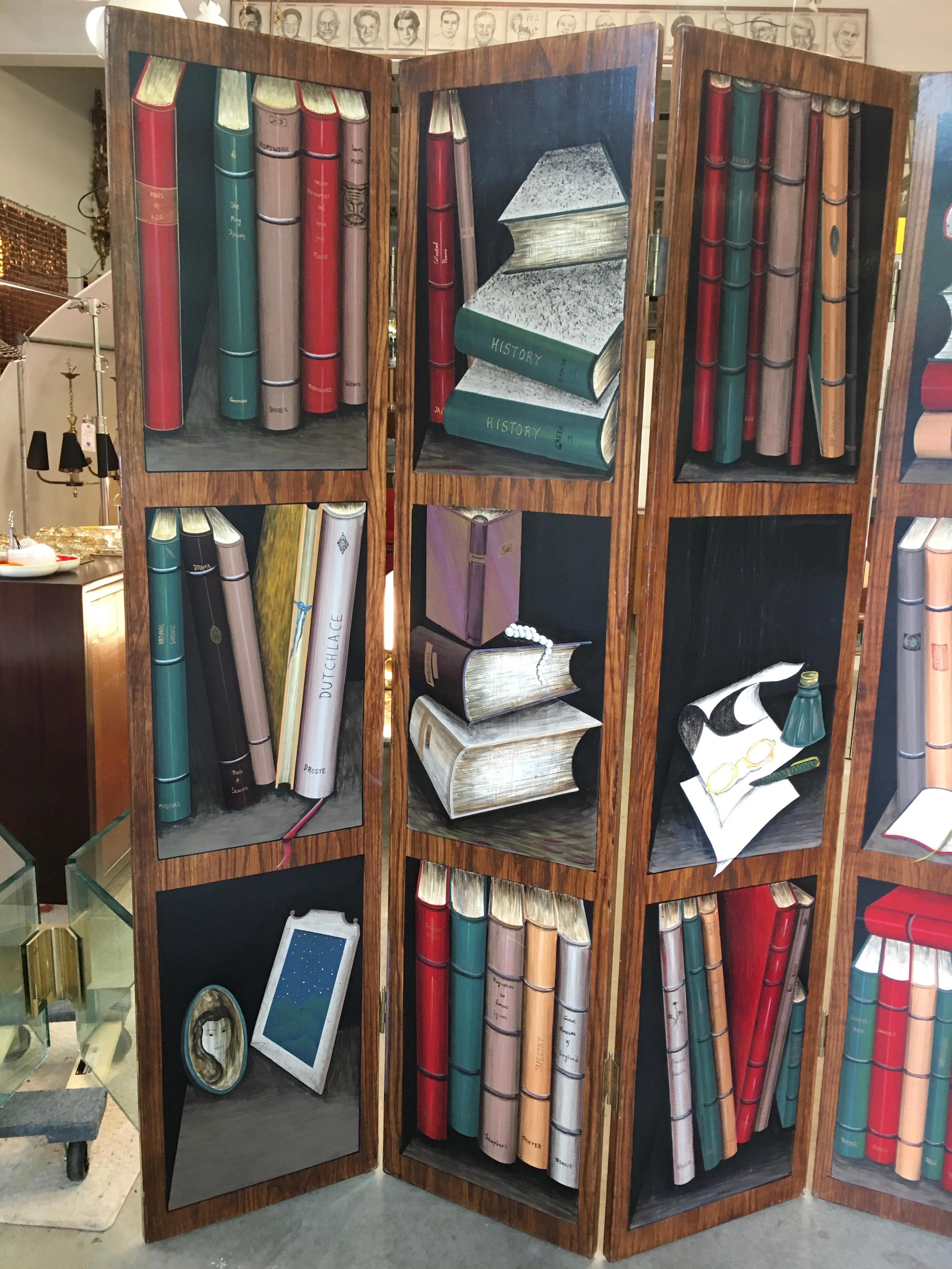 Oak Trompe l'Oeil Screen of Four Panels with Painted Books