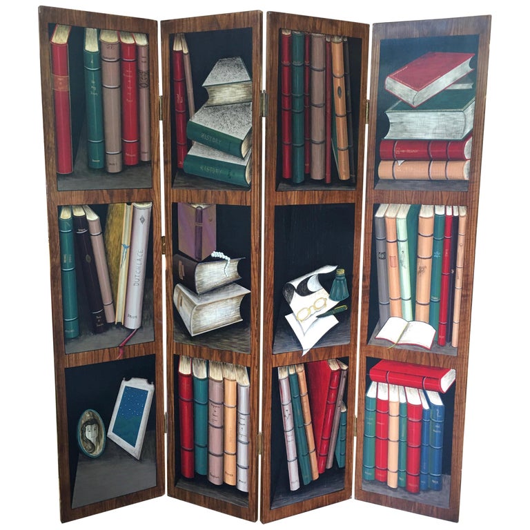 Trompe l'Oeil Screen of Four Panels with Painted Books For Sale