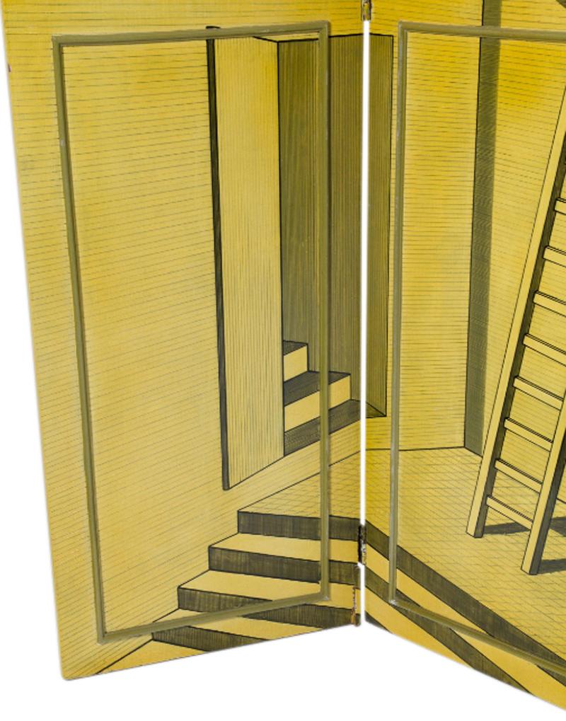 A fantastic, one-sided, hand painted screen after Piero Fornasetti. A wonderfully surreal, architectural, Escher-esque stair and ladder motif; an of-the-period replica of a portion of the largest Fornasetti screen ever made, 