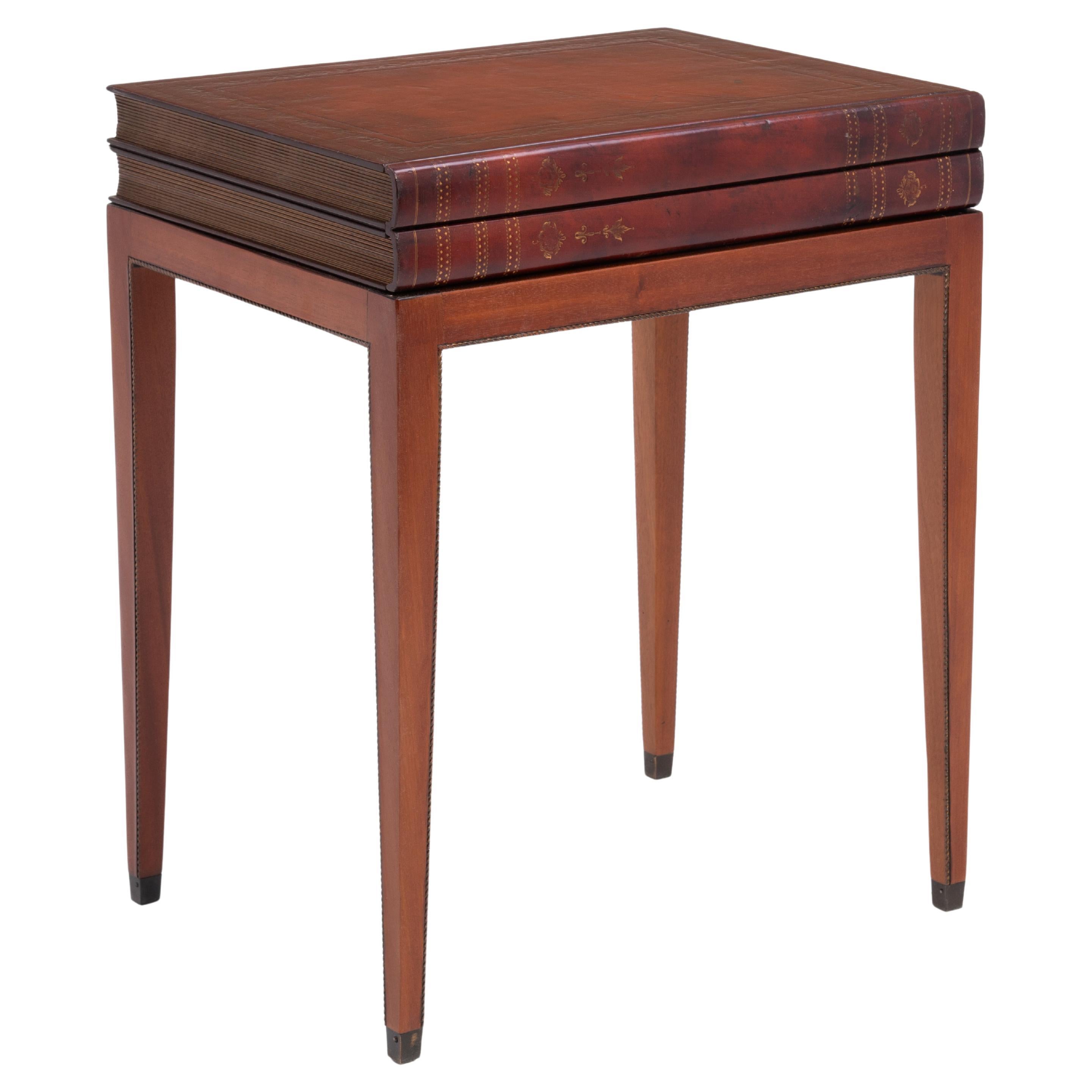 Trompe l'Oeil Faux Stacked Books Wood Leather Single Drawer Table Tapered Legs For Sale