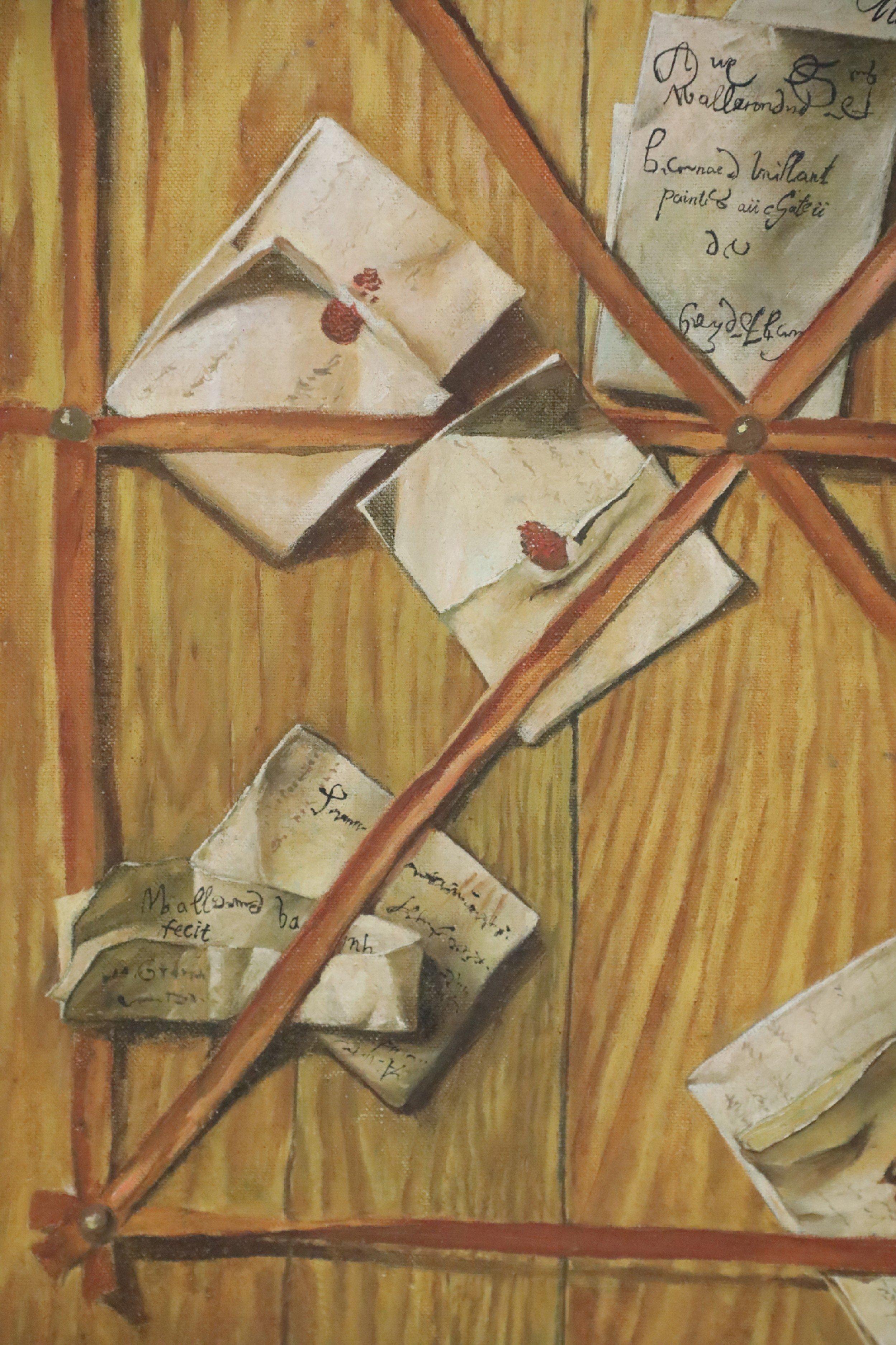 Vintage (20th Century) trompe l'oeil still life featuring all facets of correspondence ‚Äì hand-written notes and letters, wax-sealed envelopes, and a feather quill ‚Äì held to a wooden board with leather straps, on unframed, rectangular canvas.
 