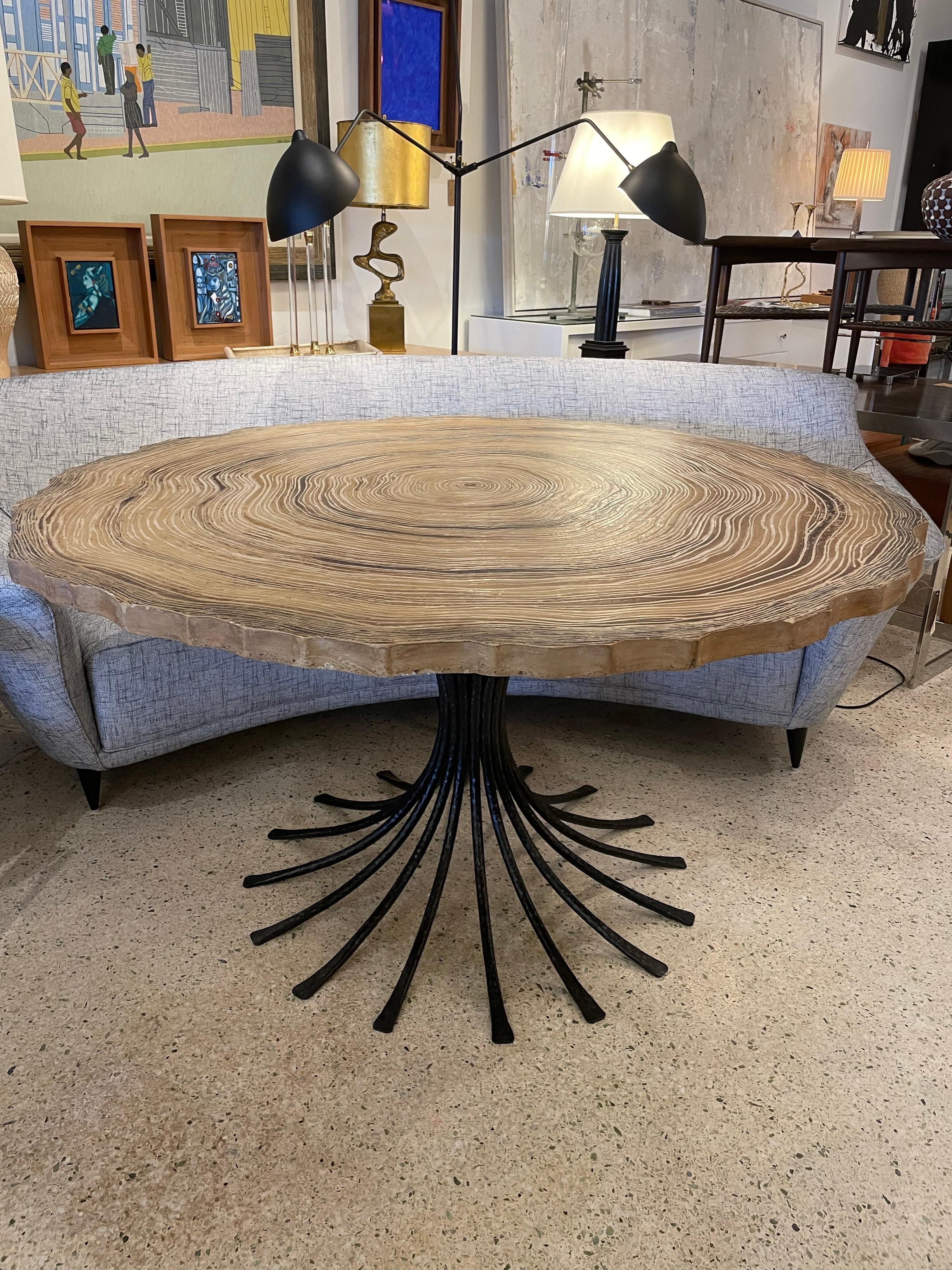 American Trompe L'oeil Tree Trunk Top Dining Table on Iron Base