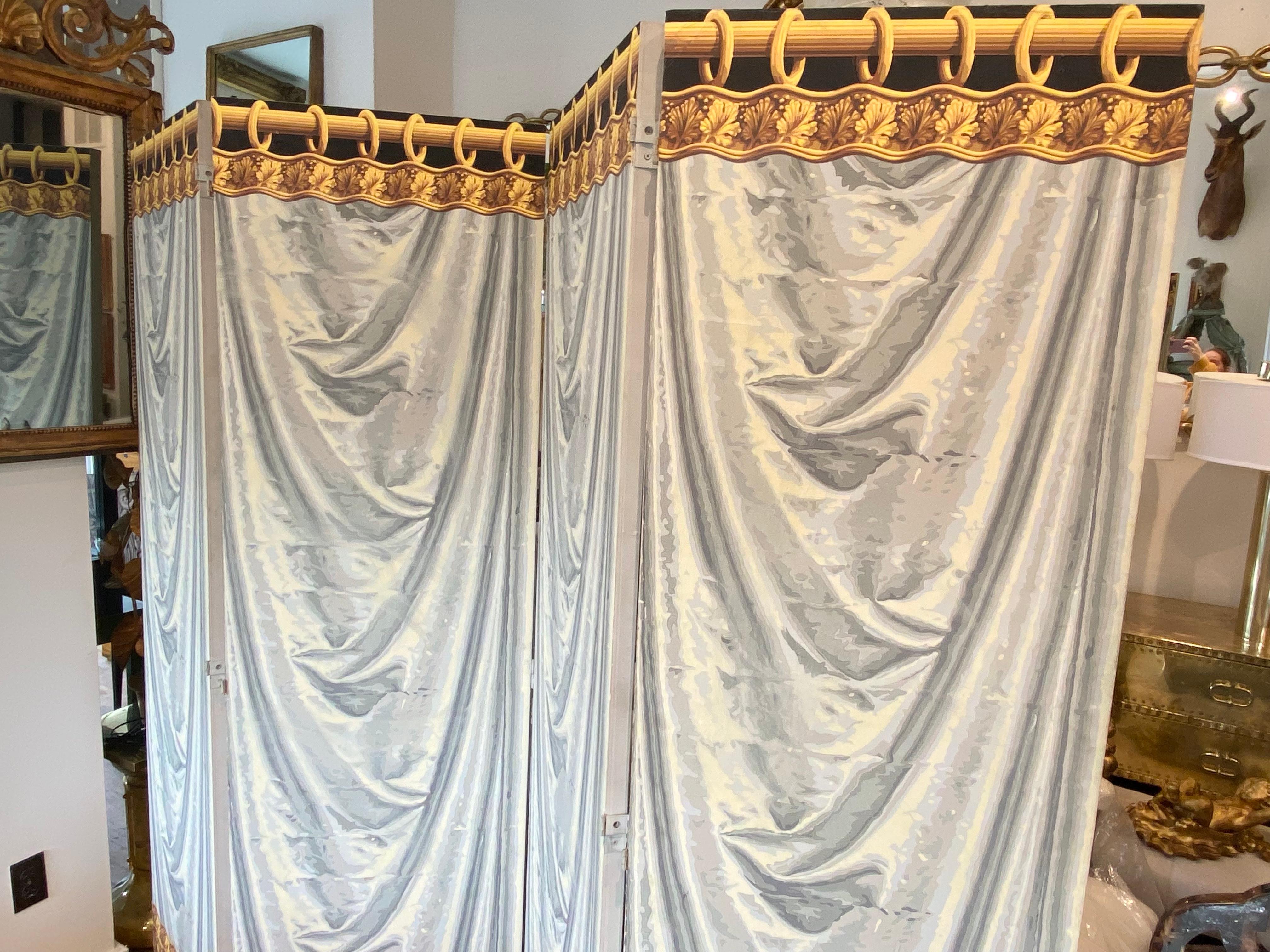Wonderful 4 panel wallpaper screen made of hollow core wood and papered on both sides similarly with draped fabric. elegant trompe l'oeil paper in the Zuber style.