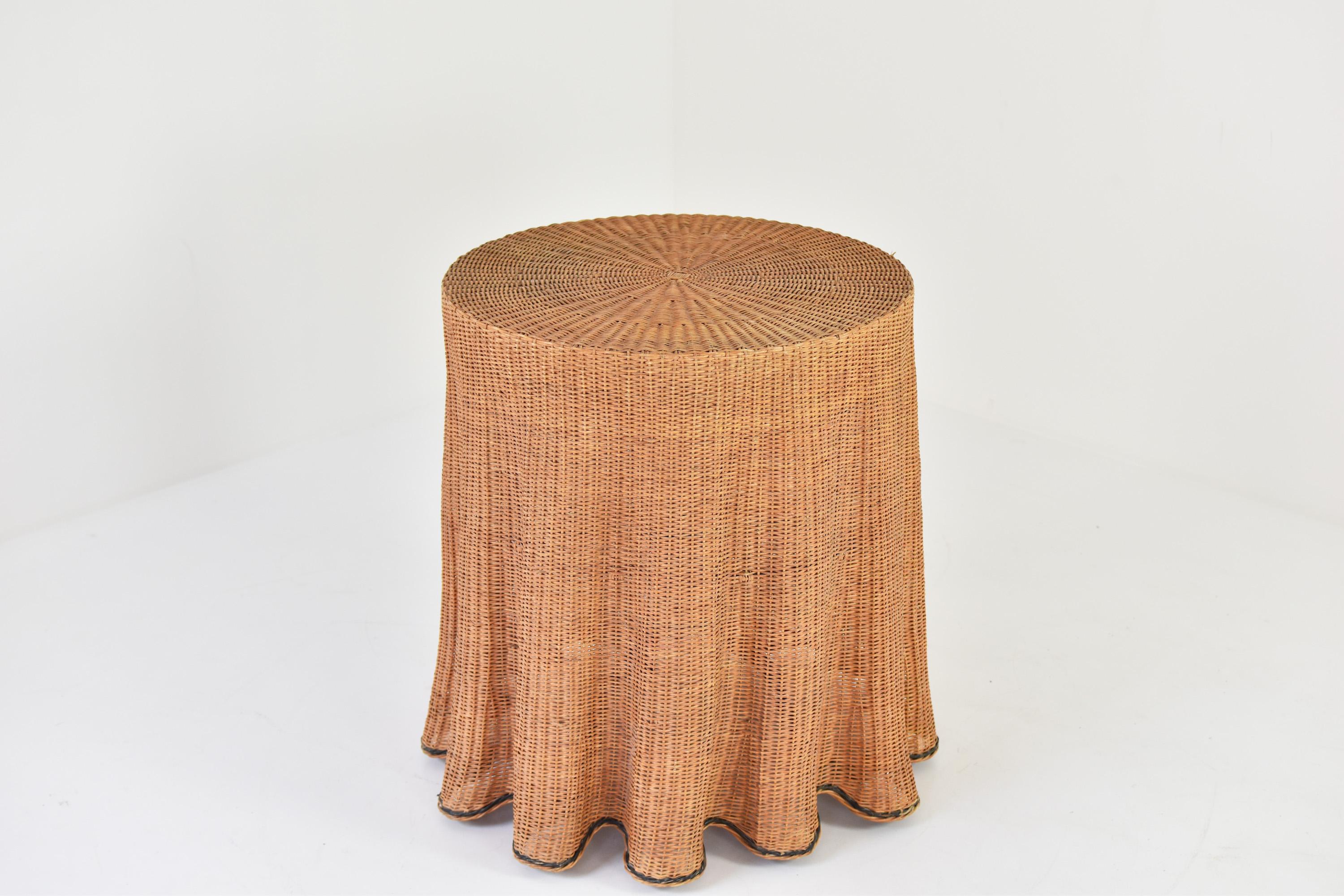 French Trompe L’oeil Wicker Side Table with ‘Draped’ Illusion from France, 1970’s